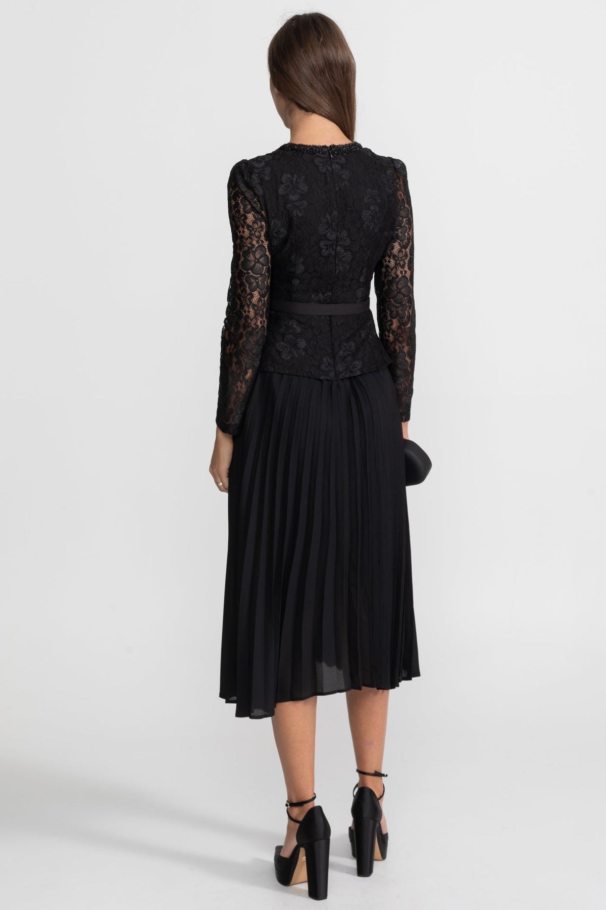 Lace Bodice Pleated Chiffon Midi Dress with Gold Buttons – Black – view 3