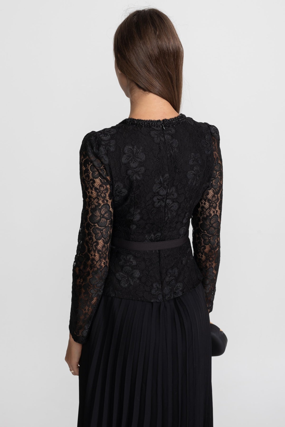 Lace Bodice Pleated Chiffon Midi Dress with Gold Buttons – Black – view 11