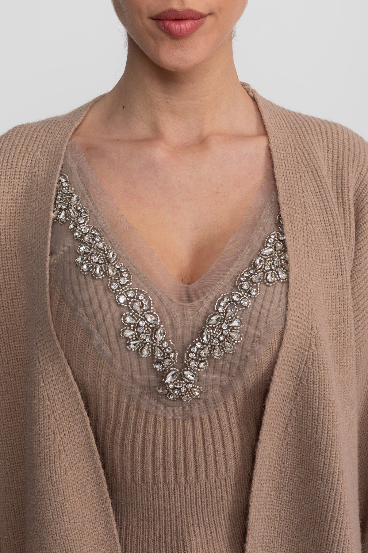 Crystal Knit Camisole and Longline Cardigan Set with Feather Cuffs – Beige – view 10