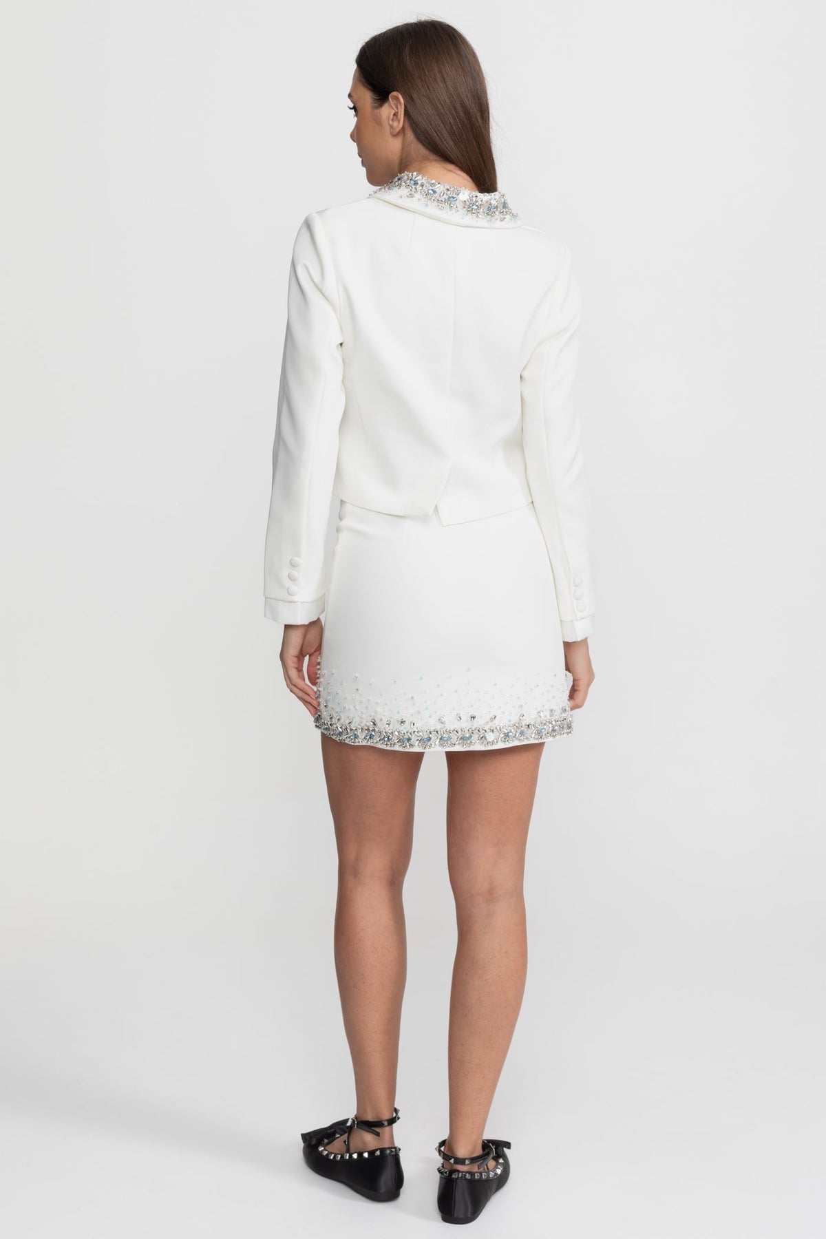 Cropped Tailored Jacket with Crystal and Bead Embellished Collar – White – view 6