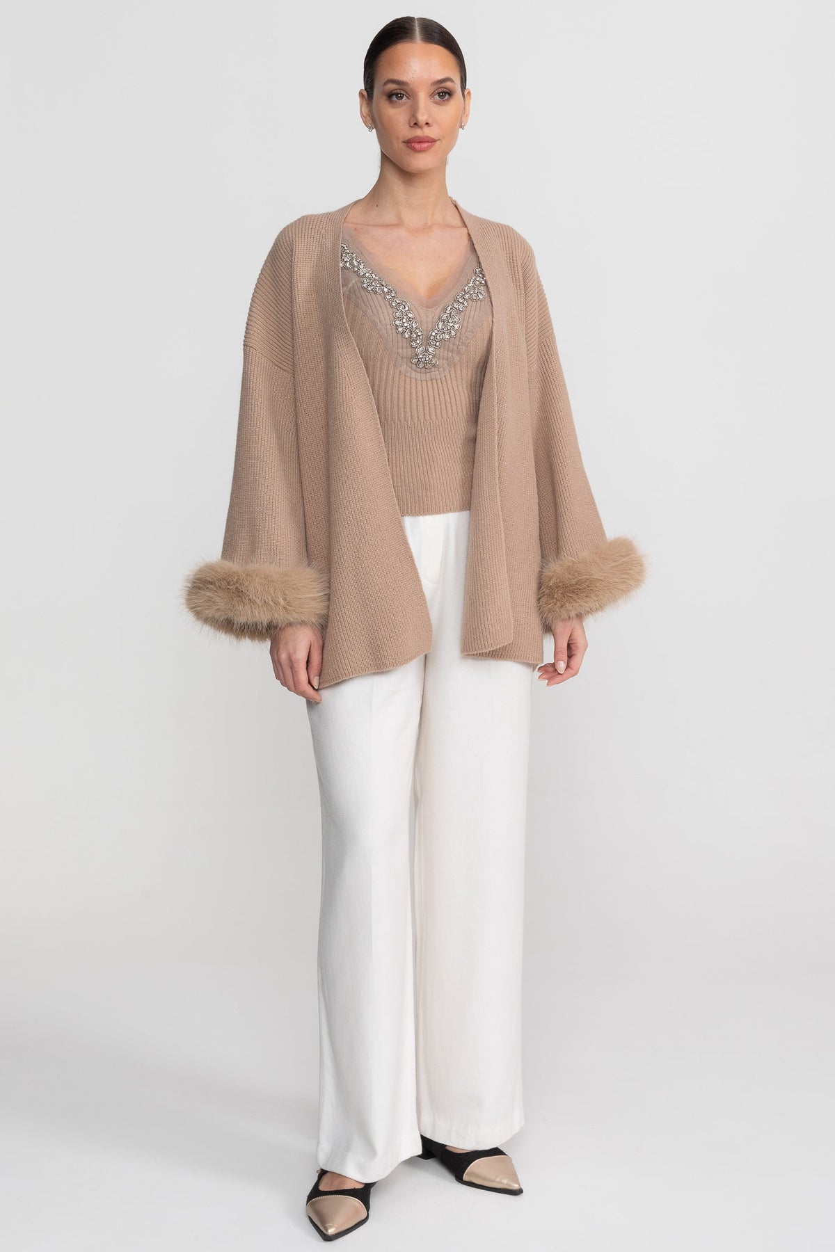 Crystal Knit Camisole and Longline Cardigan Set with Feather Cuffs – Beige – view 3