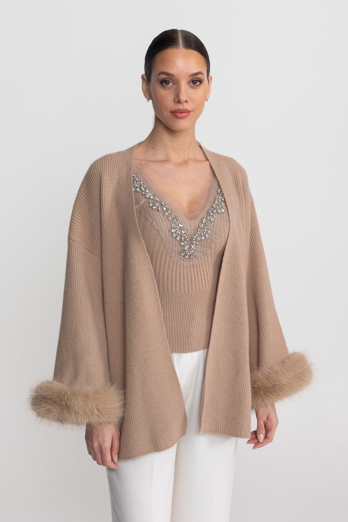 Crystal Knit Camisole and Longline Cardigan Set with Feather Cuffs – Beige – view 6