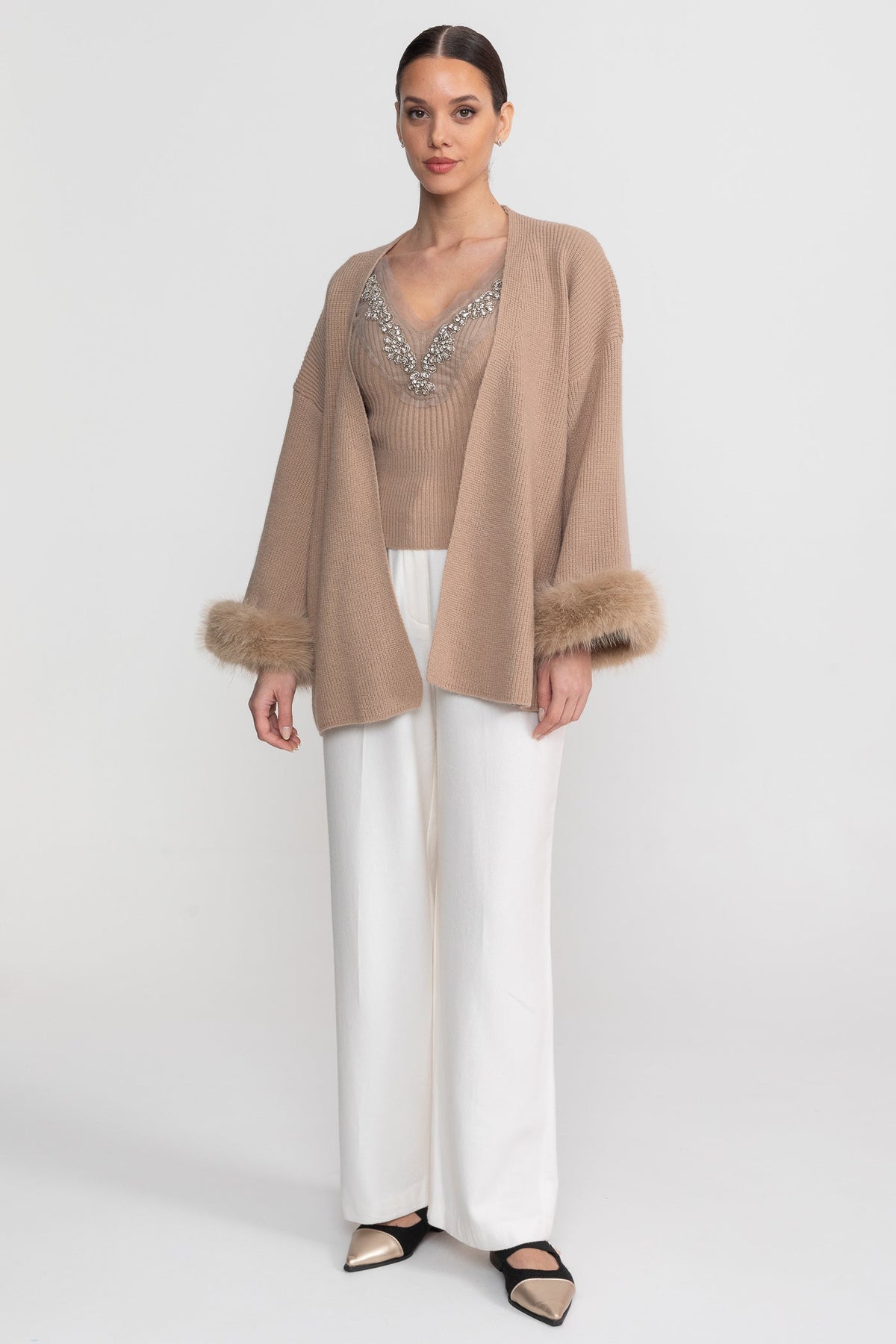 Crystal Knit Camisole and Longline Cardigan Set with Feather Cuffs – Beige – view 5