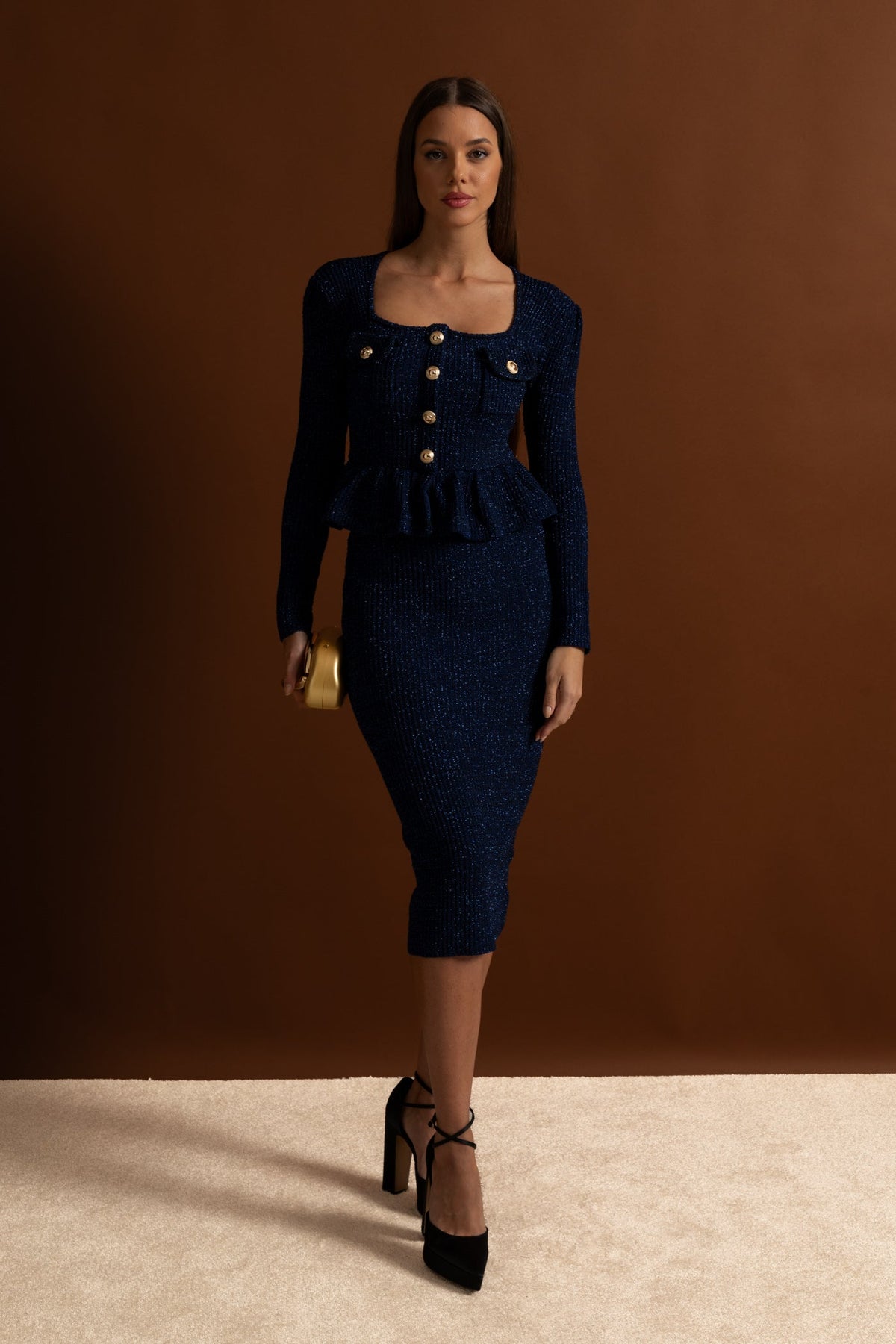 Textured Knit Peplum Midi Dress with Gold Buttons – Dark Blue – view 18