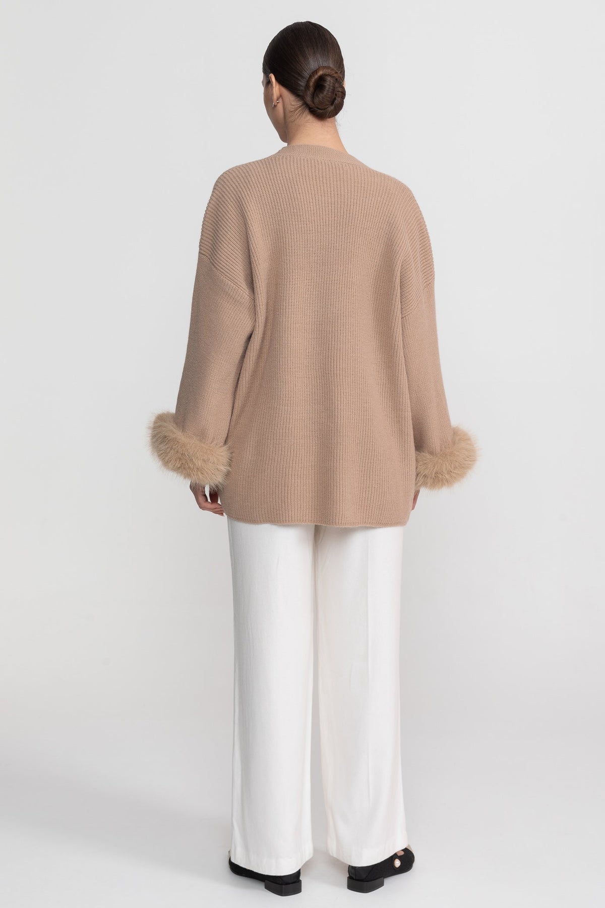 Crystal Knit Camisole and Longline Cardigan Set with Feather Cuffs – Beige – view 11