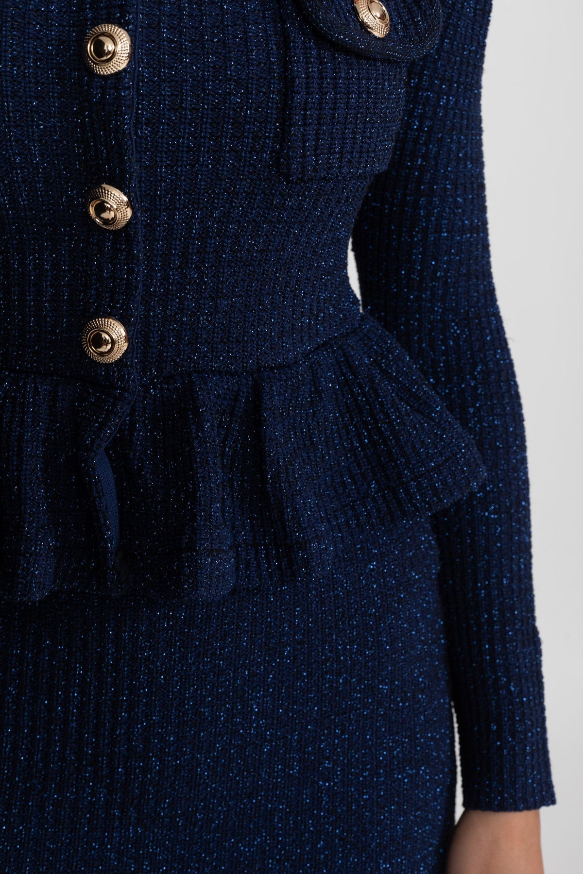 Textured Knit Peplum Midi Dress with Gold Buttons – Dark Blue – view 7