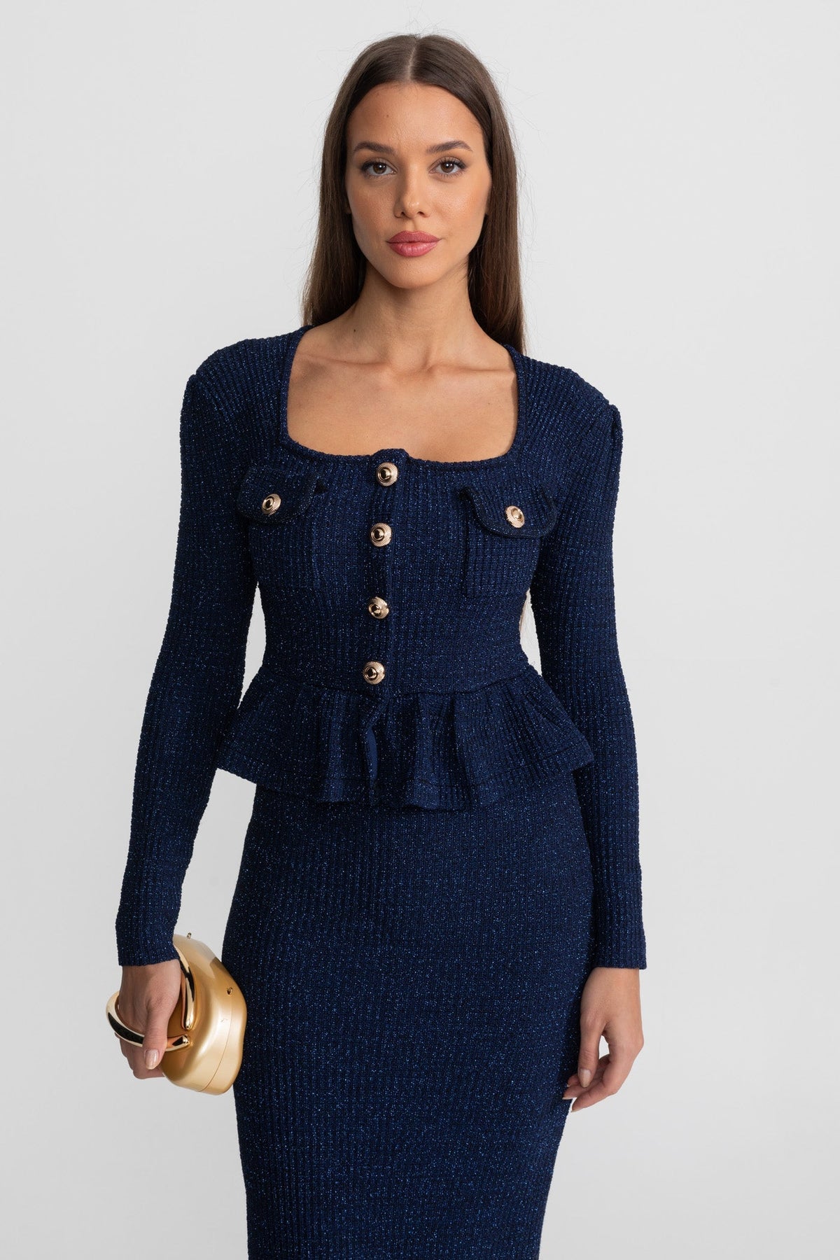 Textured Knit Peplum Midi Dress with Gold Buttons – Dark Blue – view 4