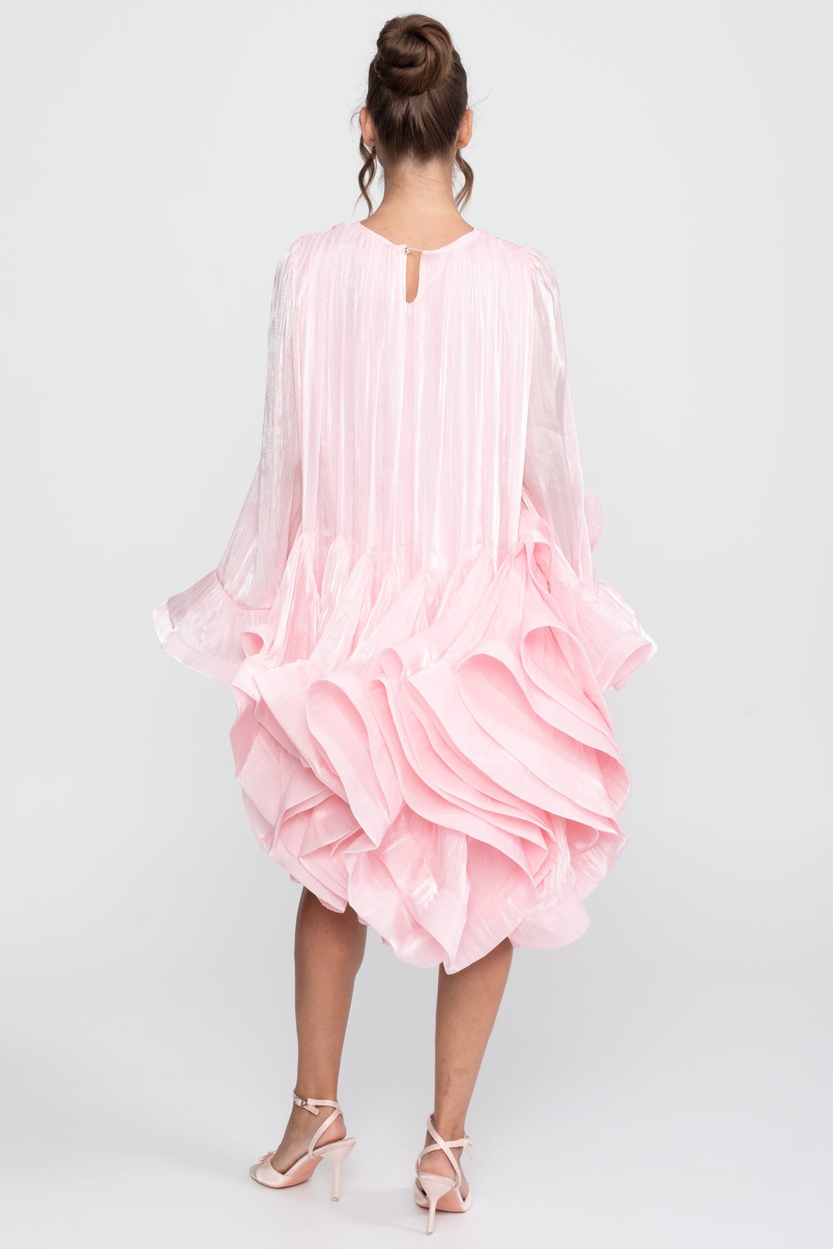 Asymmetric Ruffle Hem Satin-Finish Mini Dress with Flared Sleeves – Pink
