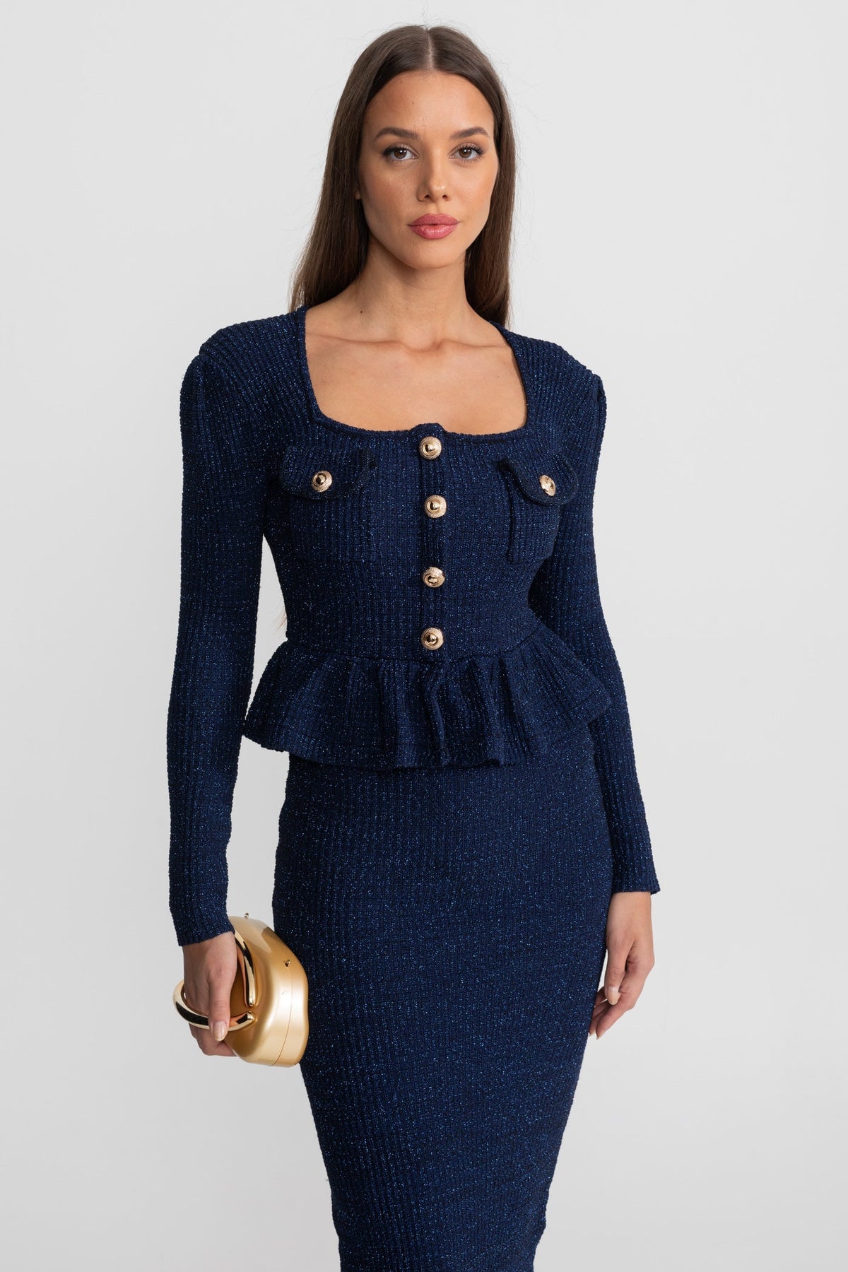 Textured Knit Peplum Midi Dress with Gold Buttons – Dark Blue – view 5