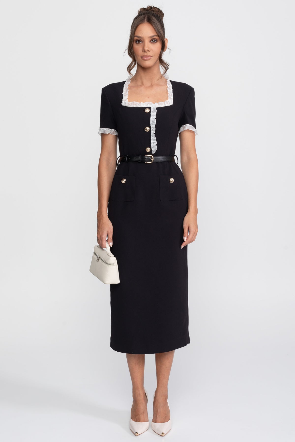 Short Sleeve Square Neck Belted Midi Dress with Ruffle Trim – Black – view 1