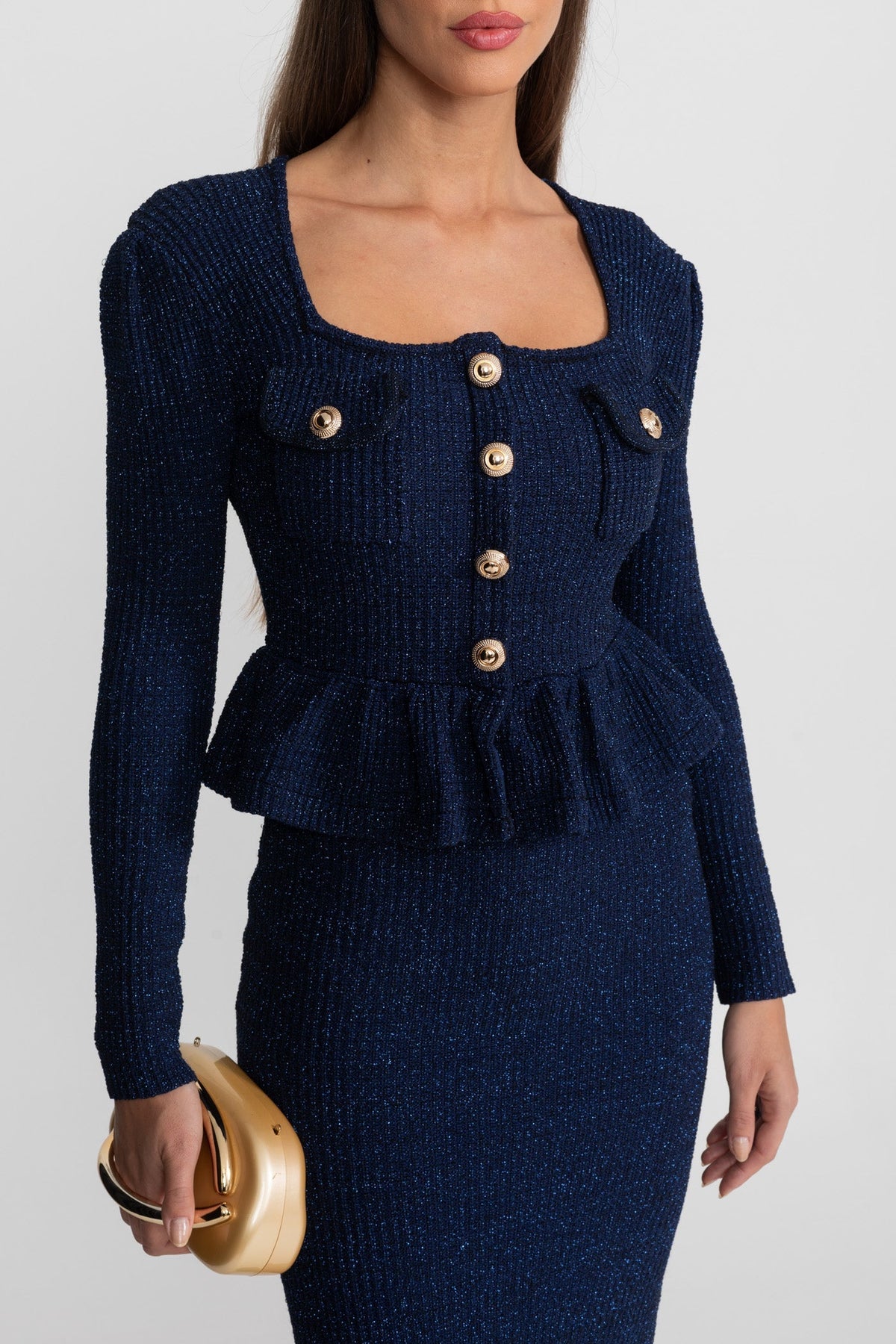 Textured Knit Peplum Midi Dress with Gold Buttons – Dark Blue – view 9