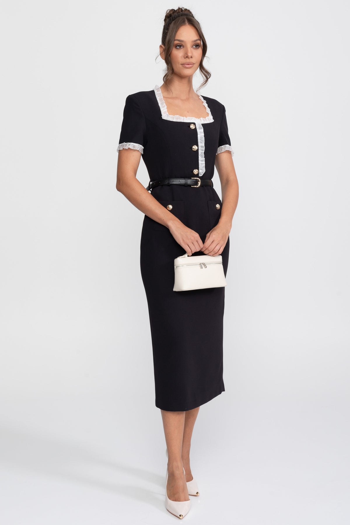 Short Sleeve Square Neck Belted Midi Dress with Ruffle Trim – Black