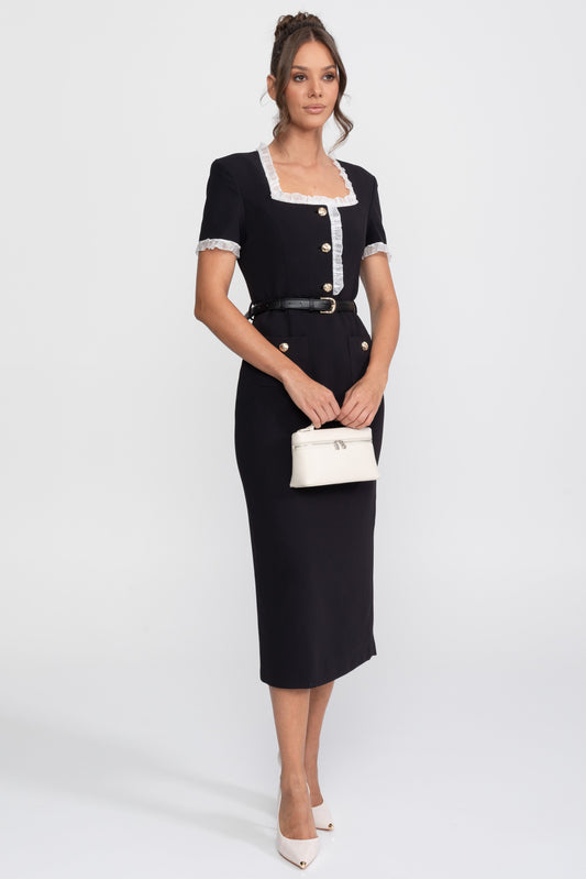 Short Sleeve Square Neck Belted Midi Dress with Ruffle Trim – Black