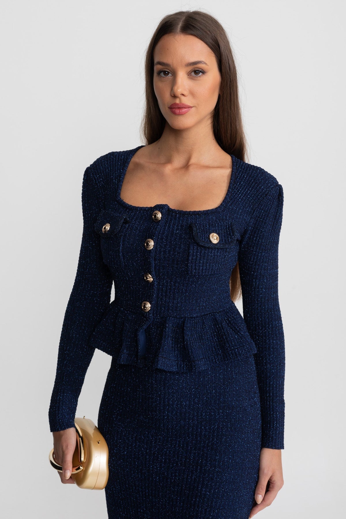 Textured Knit Peplum Midi Dress with Gold Buttons – Dark Blue – view 11