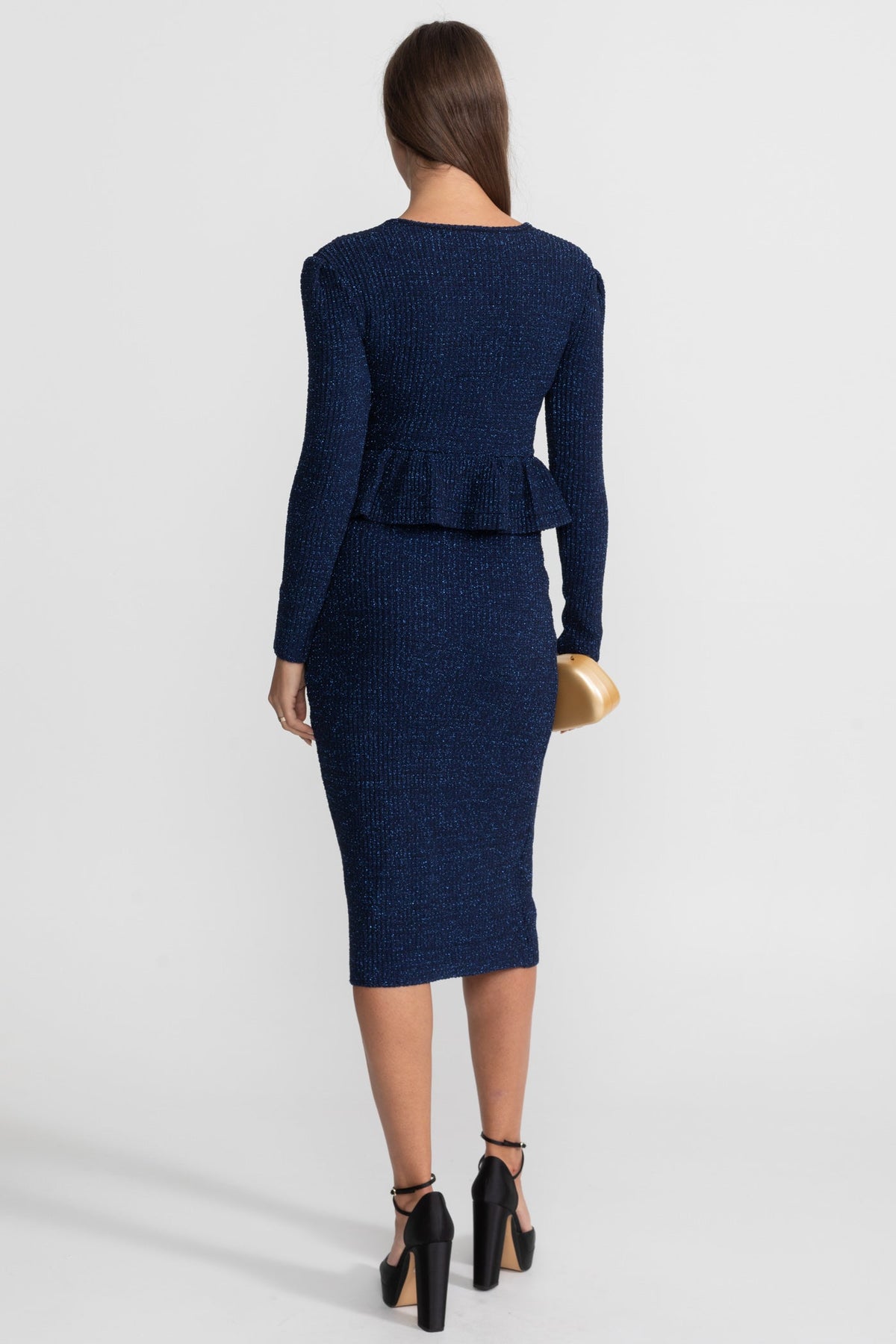 Textured Knit Peplum Midi Dress with Gold Buttons – Dark Blue – view 12