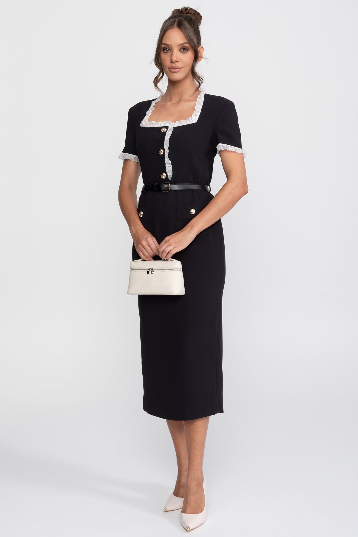 Short Sleeve Square Neck Belted Midi Dress with Ruffle Trim – Black