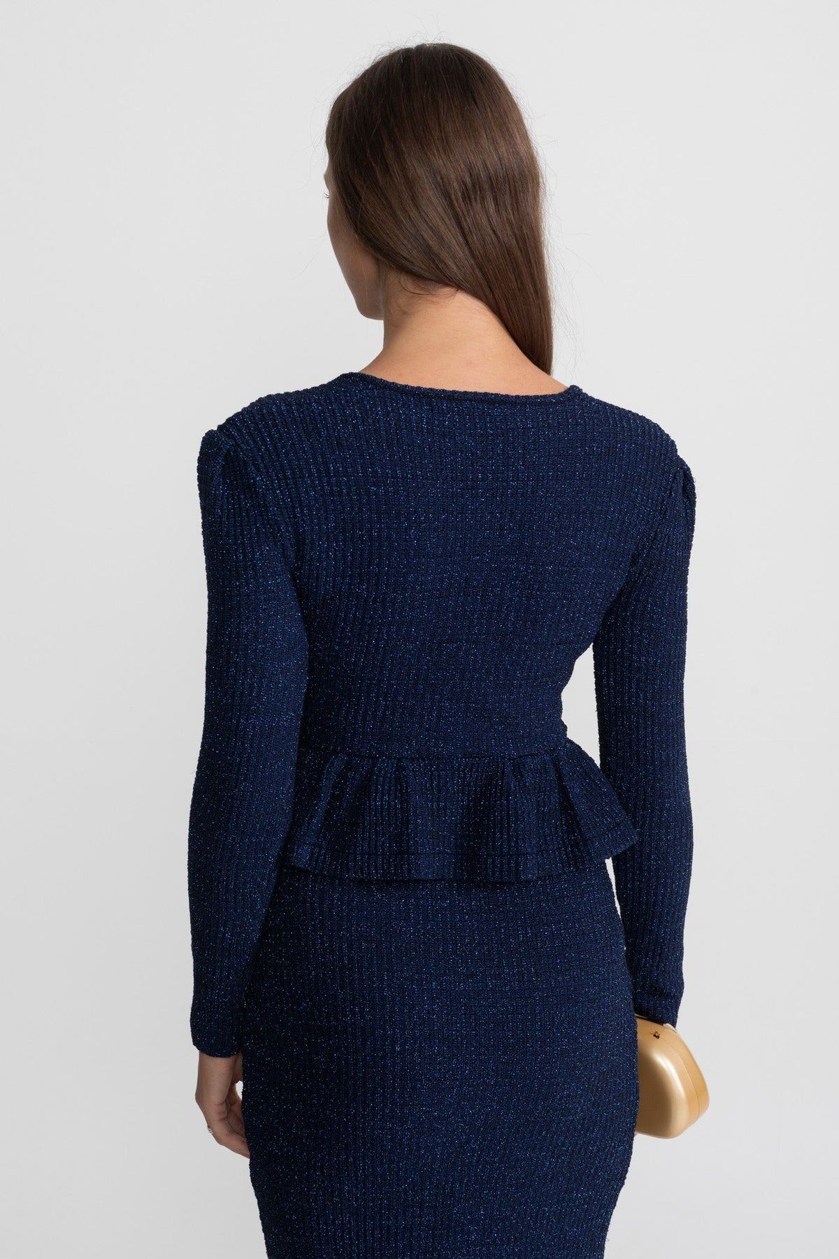 Textured Knit Peplum Midi Dress with Gold Buttons – Dark Blue – view 13