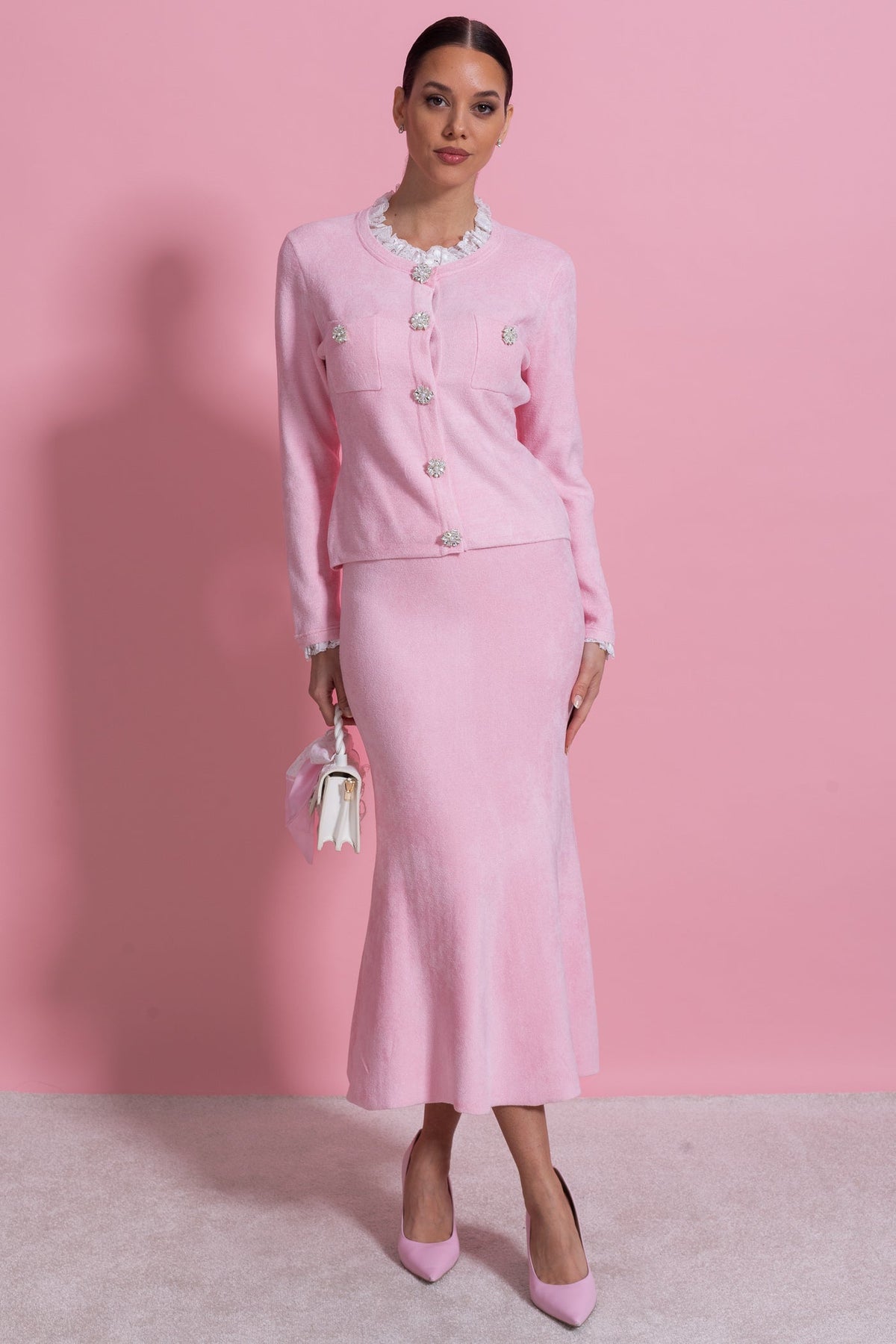 Lace Trim Knit Cardigan and Midi Skirt Co-ord with Crystal Buttons – Blush Pink – view 10