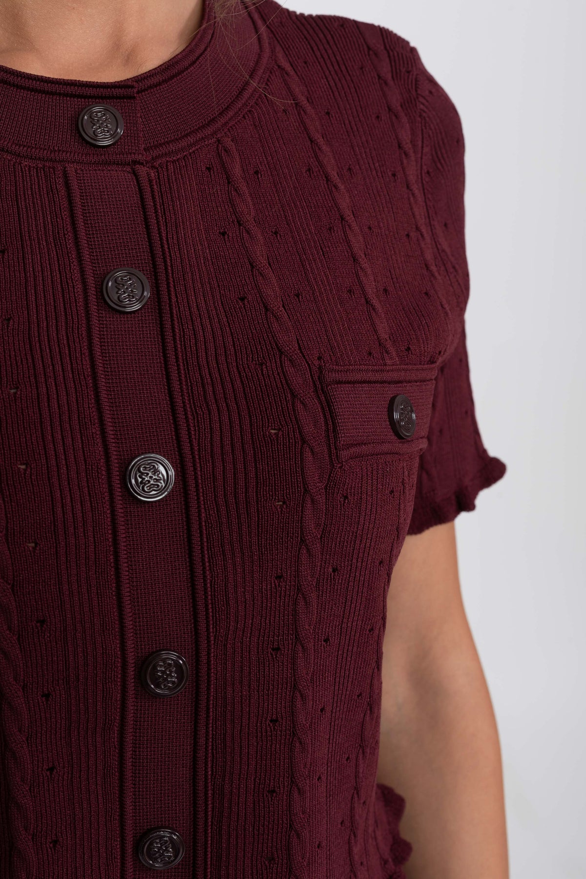 Ribbed Knit Cropped Cardigan and Pleated Maxi Skirt Set – Burgundy – view 8