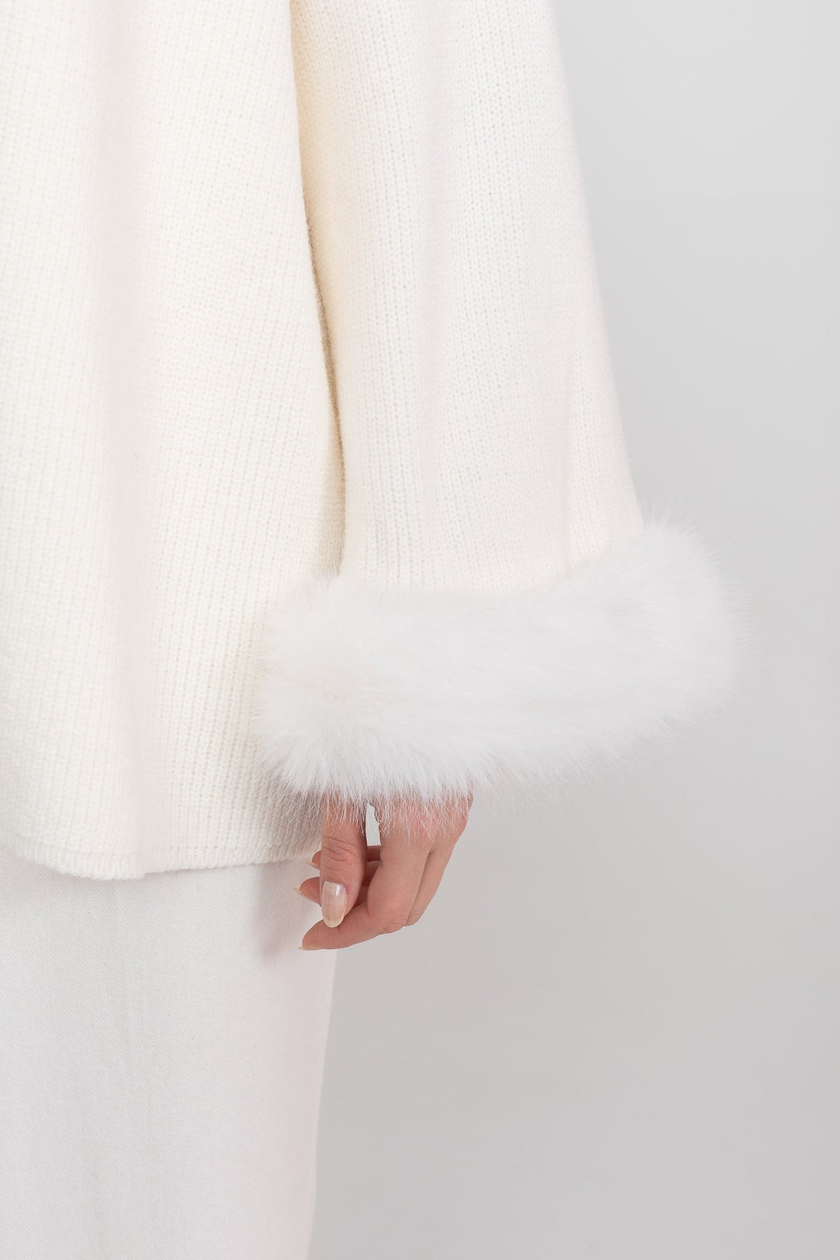 Crystal Knit Camisole and Longline Cardigan Set with Feather Cuffs – White – view 6