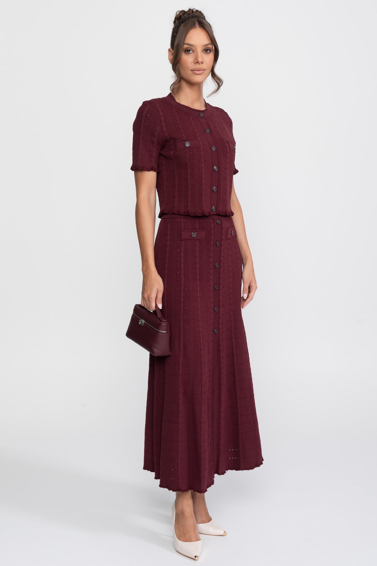 Ribbed Knit Cropped Cardigan and Pleated Maxi Skirt Set – Burgundy – view 2