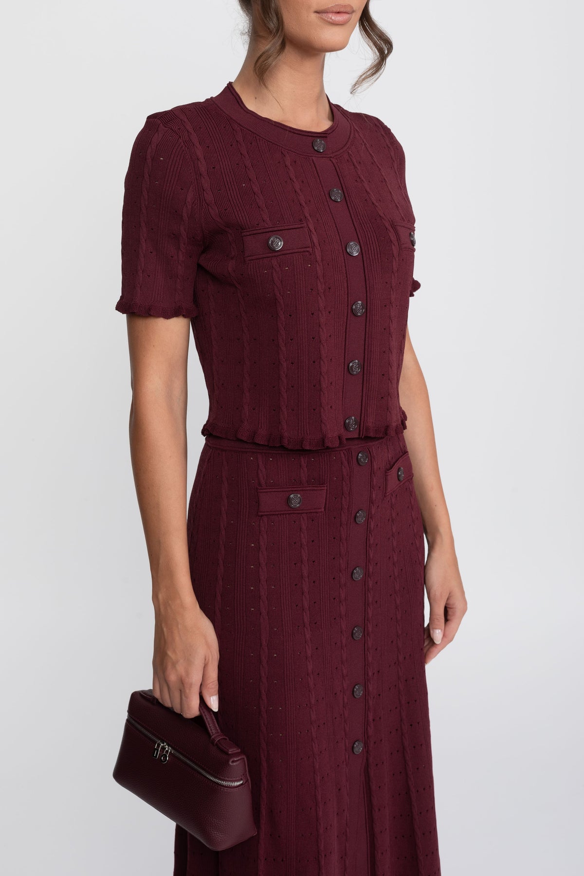 Ribbed Knit Cropped Cardigan and Pleated Maxi Skirt Set – Burgundy – view 6