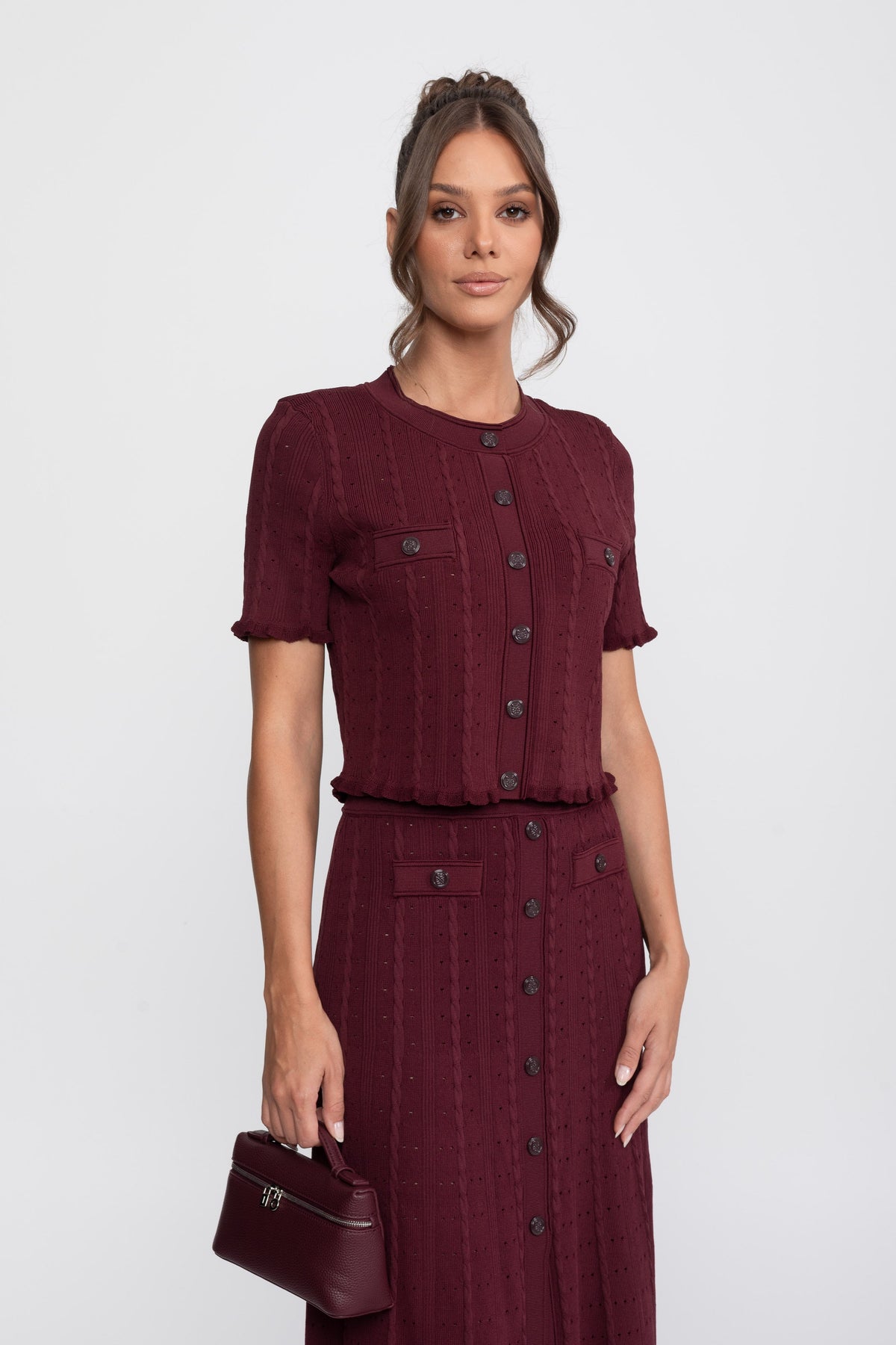 Ribbed Knit Cropped Cardigan and Pleated Maxi Skirt Set – Burgundy – view 4