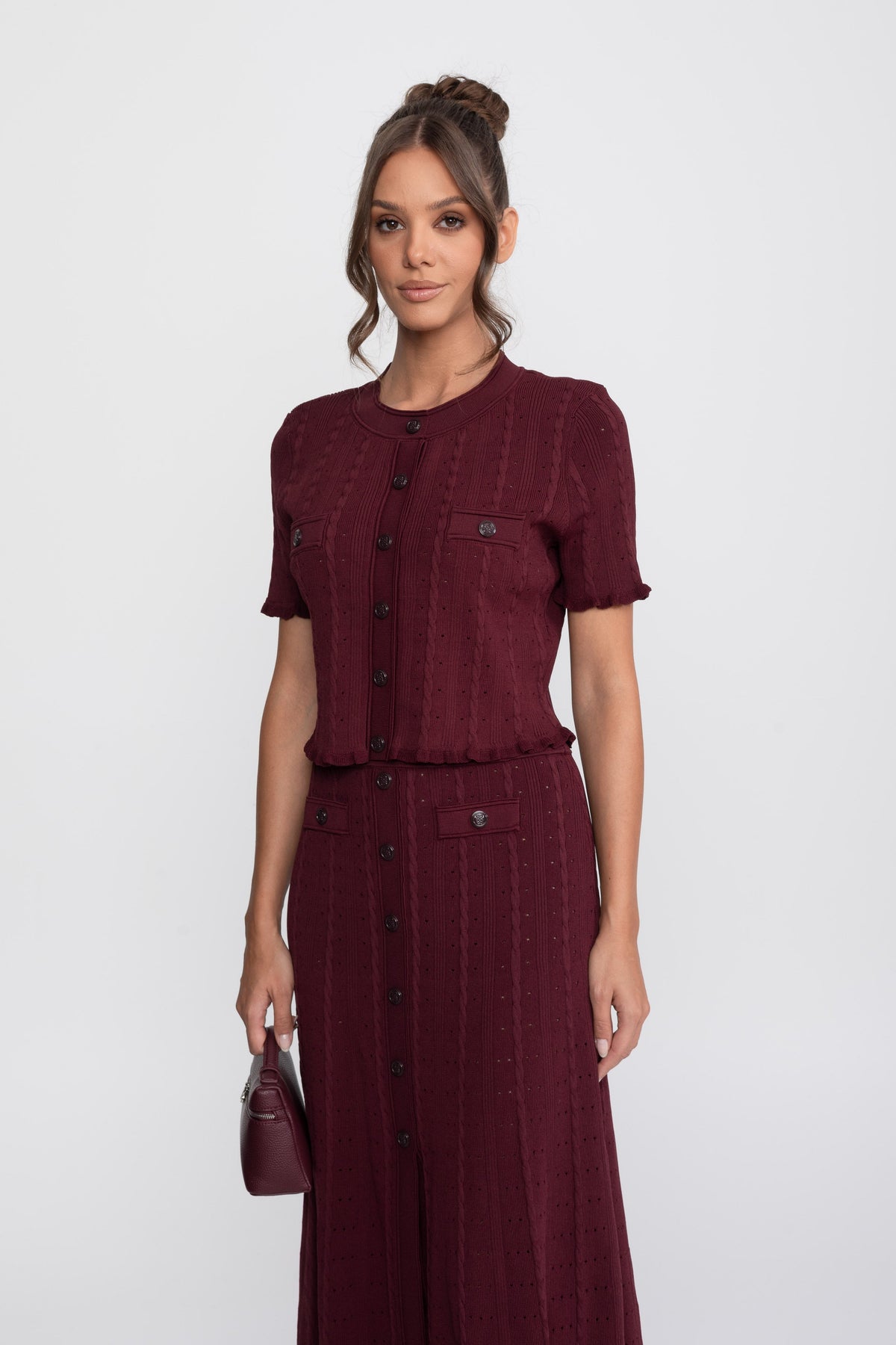 Ribbed Knit Cropped Cardigan and Pleated Maxi Skirt Set – Burgundy – view 5