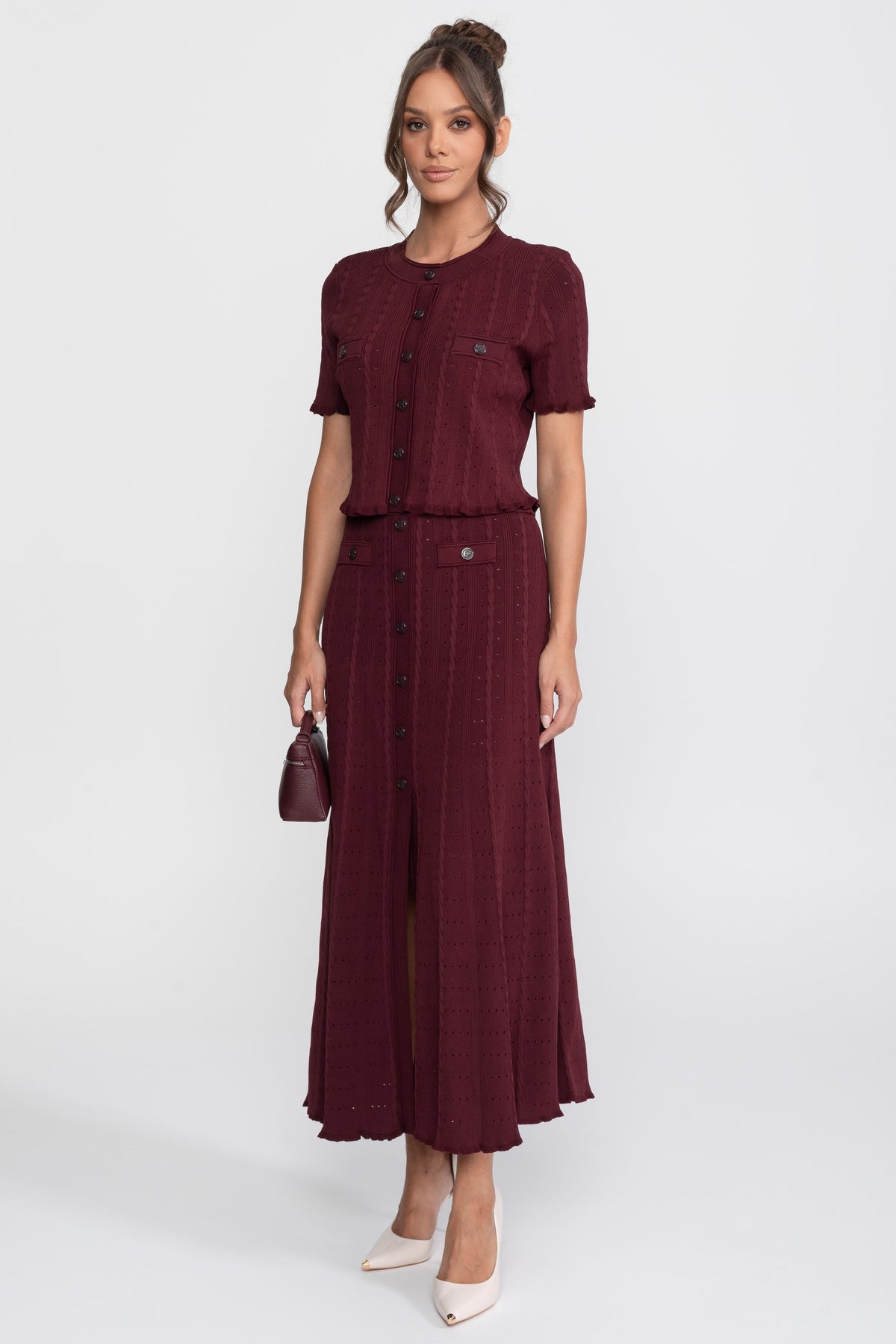 Ribbed Knit Cropped Cardigan and Pleated Maxi Skirt Set – Burgundy – view 3