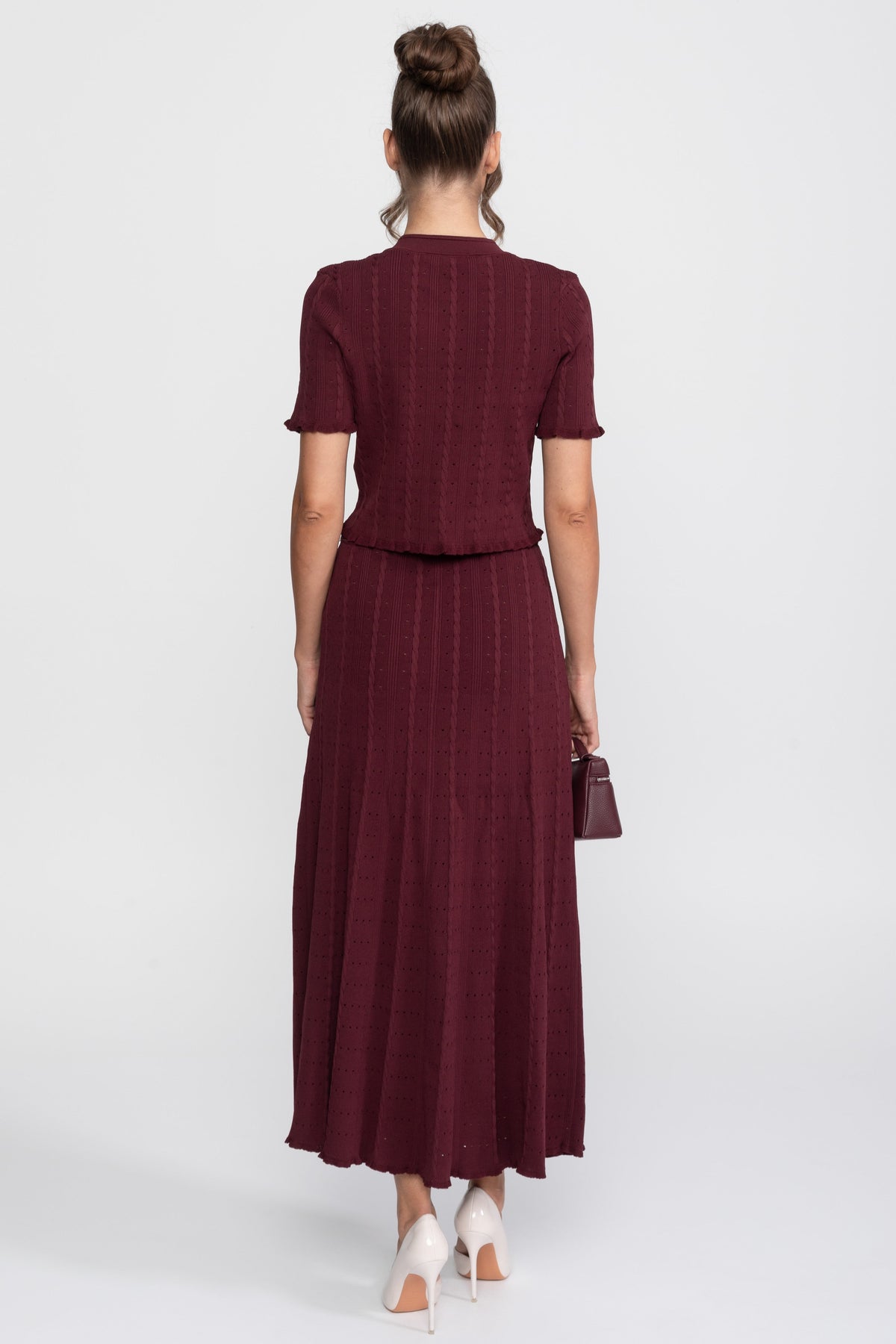 Ribbed Knit Cropped Cardigan and Pleated Maxi Skirt Set – Burgundy – view 9