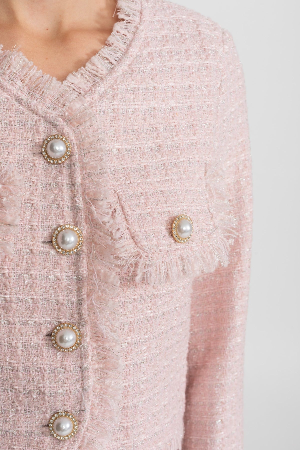 Metallic Tweed Jacket and Mini Skirt Set with Pearl Buttons – Blush Pink – view 4