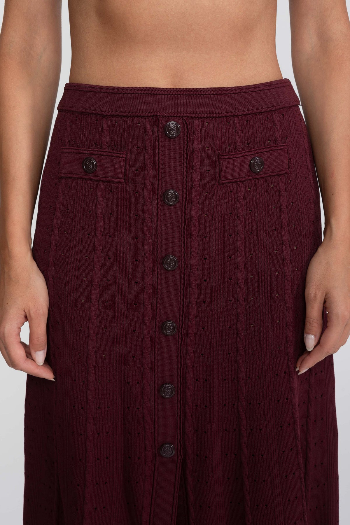 Ribbed Knit Cropped Cardigan and Pleated Maxi Skirt Set – Burgundy – view 7