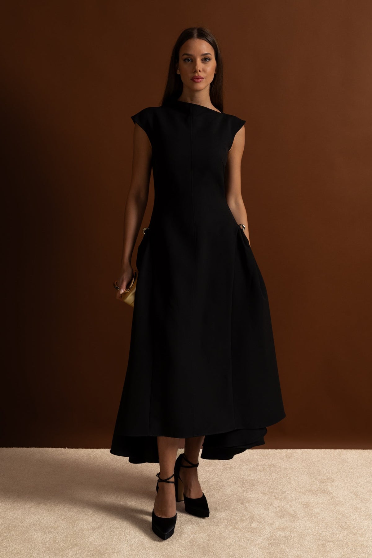 Boat Neck Crepe Midi Dress with High-Low Hem and Metal Rings – Black – view 11