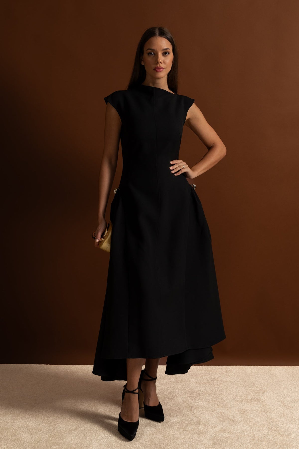 Boat Neck Crepe Midi Dress with High-Low Hem and Metal Rings – Black – view 12