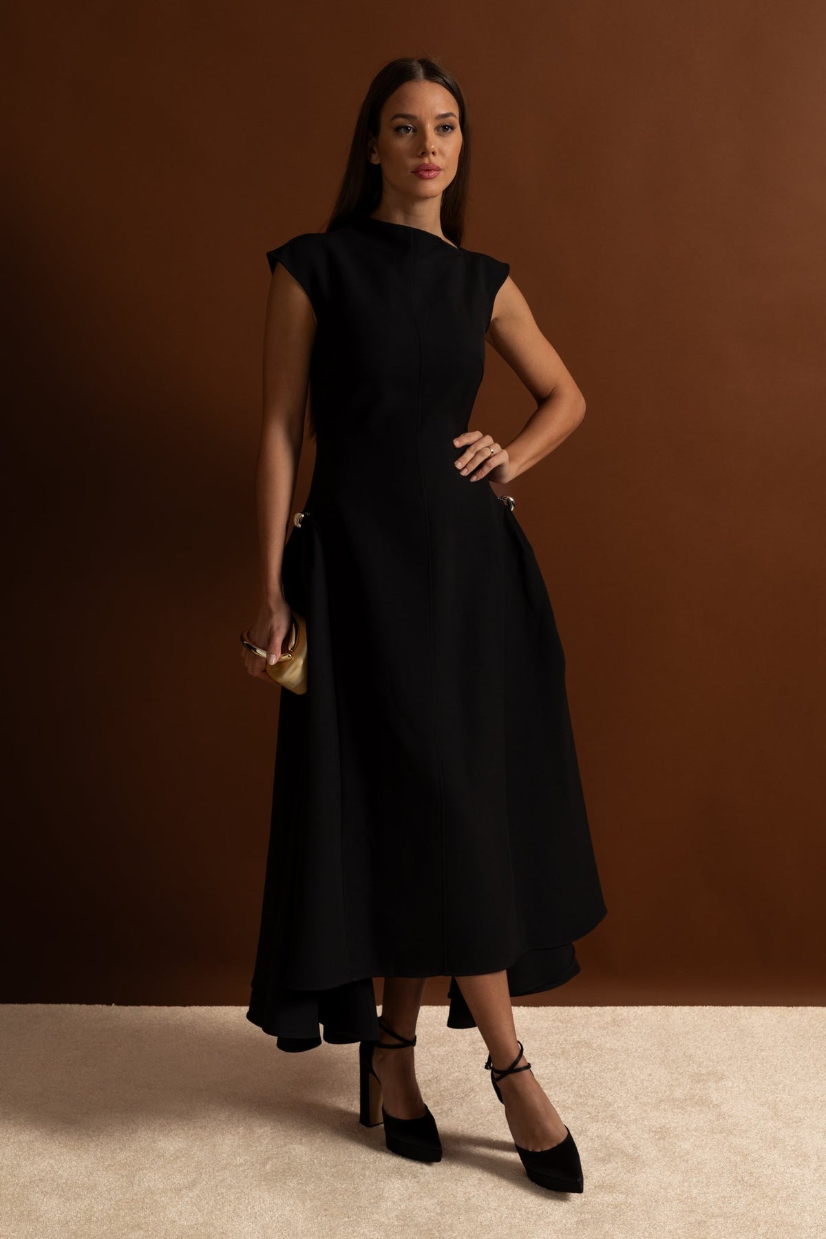Boat Neck Crepe Midi Dress with High-Low Hem and Metal Rings – Black – view 13