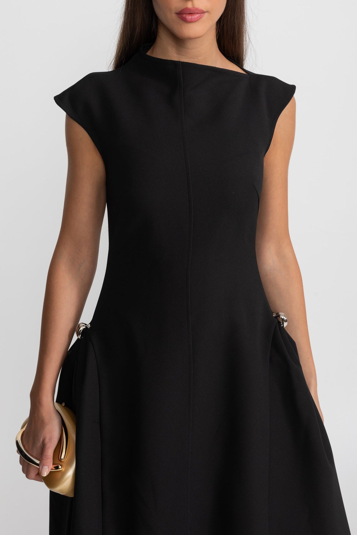 Boat Neck Crepe Midi Dress with High-Low Hem and Metal Rings – Black – view 6