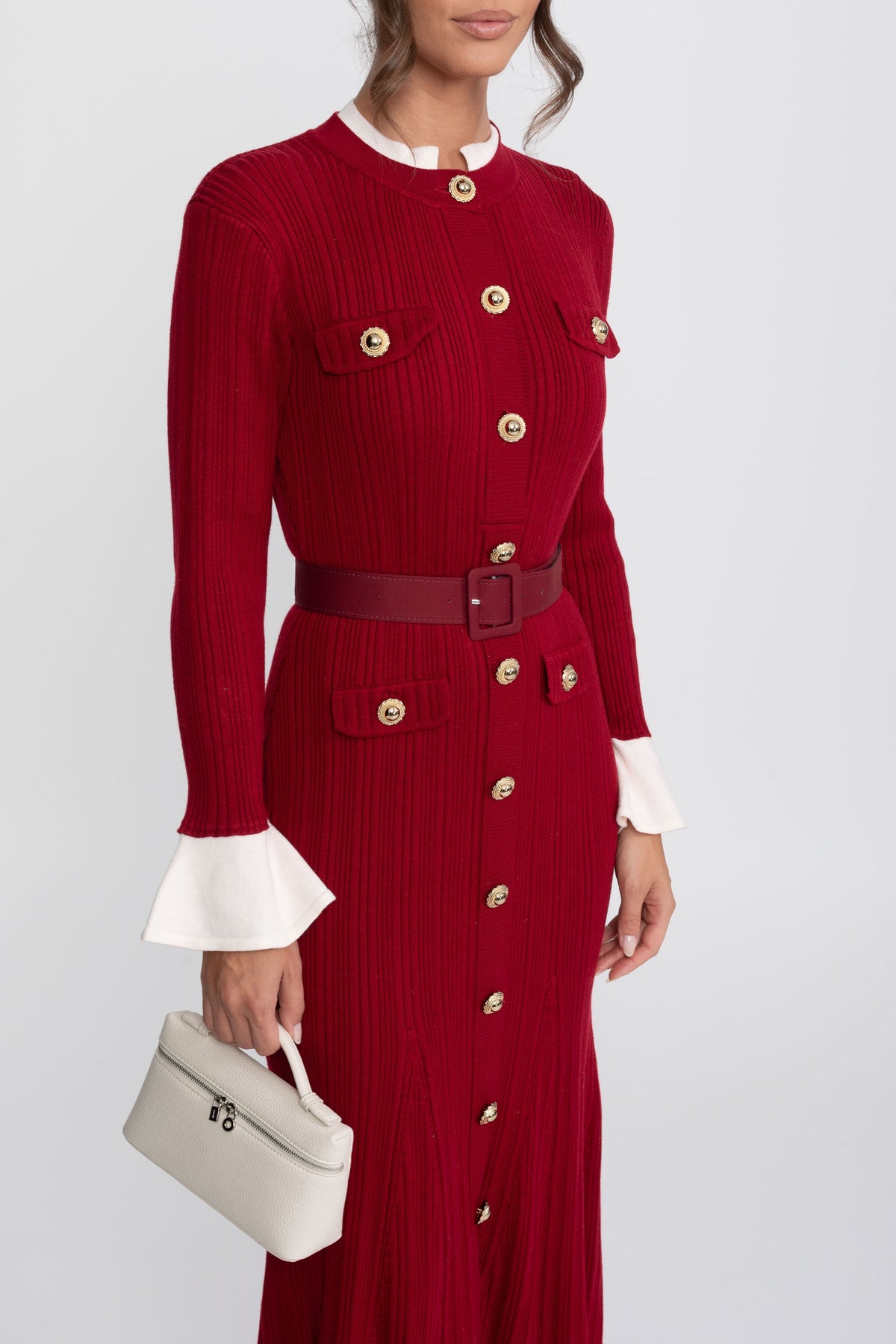 Fine Rib Knit Belted Midi Dress with Ivory Collar and Flared Cuffs – Red – view 6