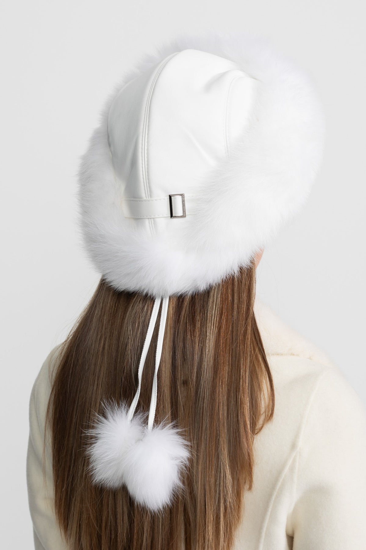 Vegan Leather Hat with Plush Trim and Pom-Pom Ties – White – view 2