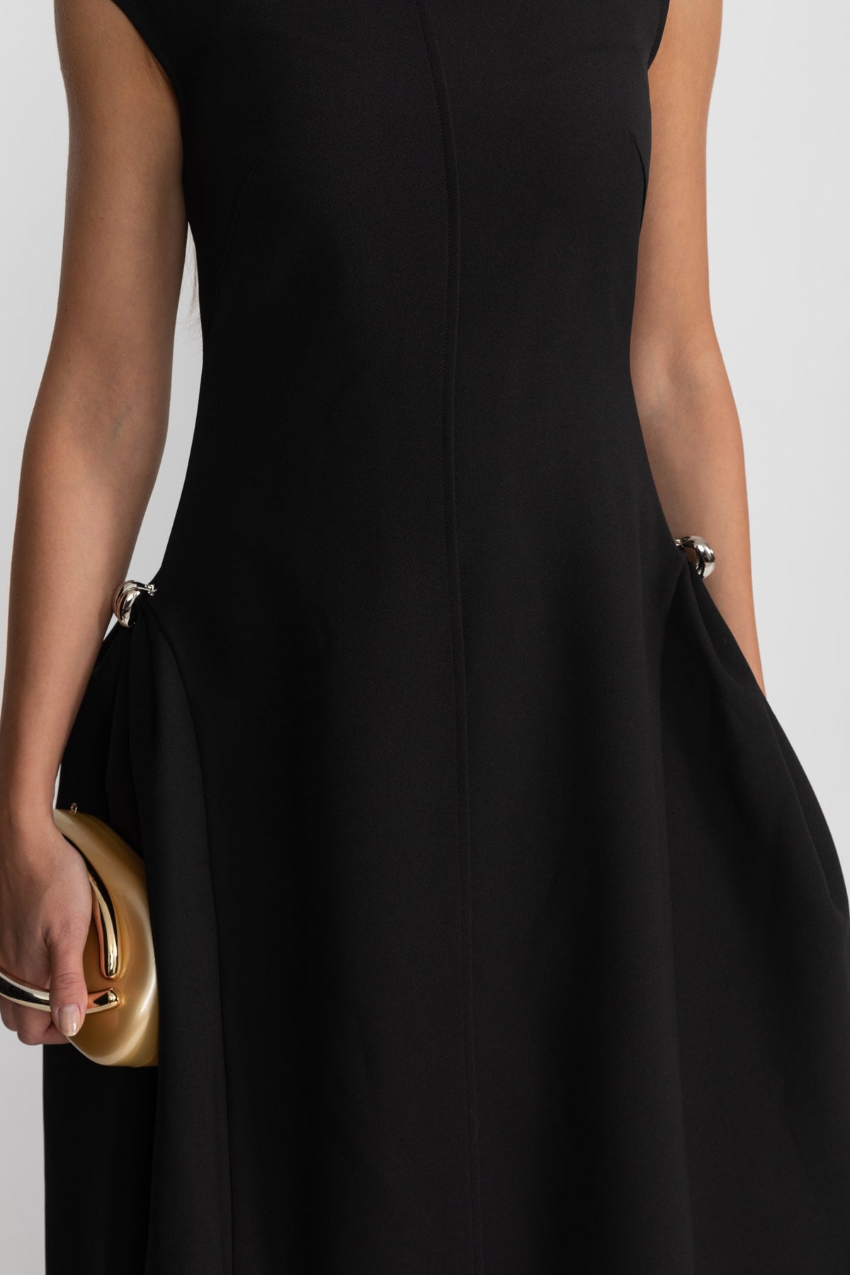Boat Neck Crepe Midi Dress with High-Low Hem and Metal Rings – Black – view 7