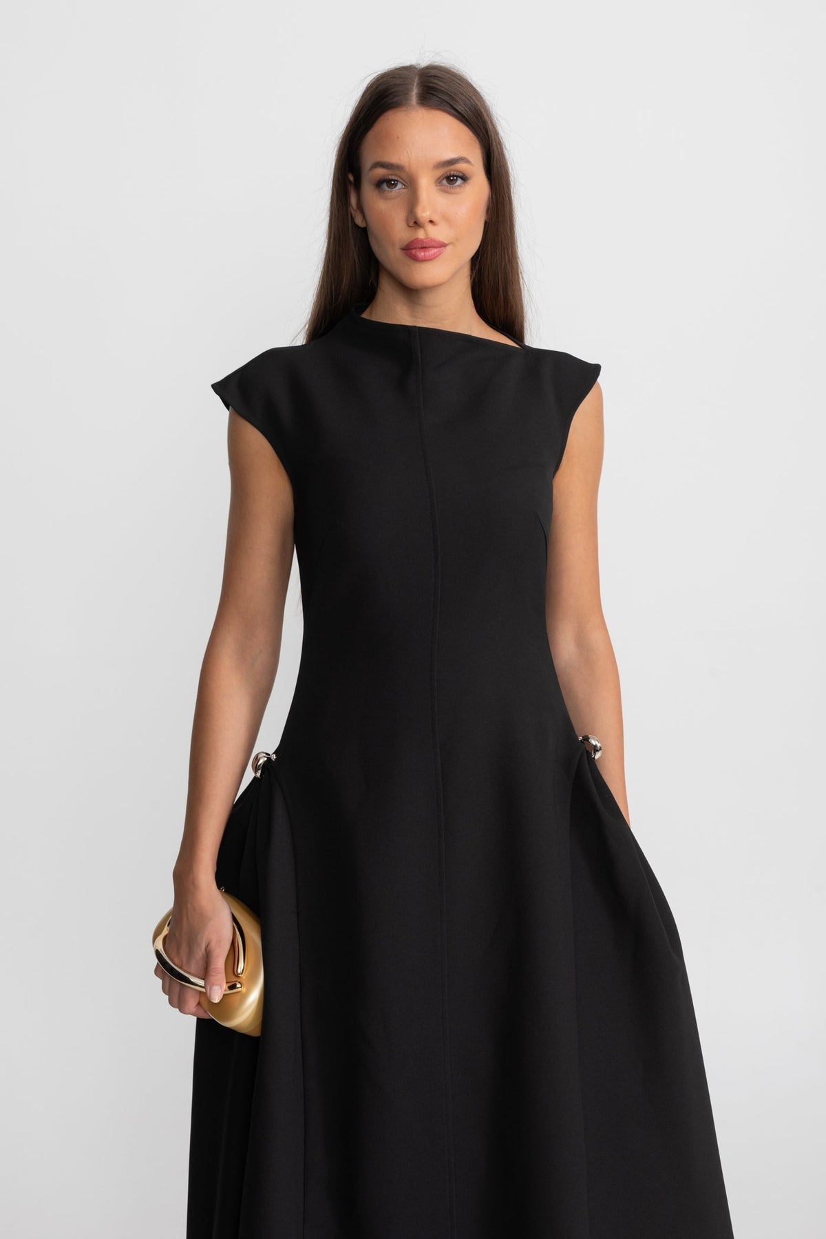 Boat Neck Crepe Midi Dress with High-Low Hem and Metal Rings – Black – view 4