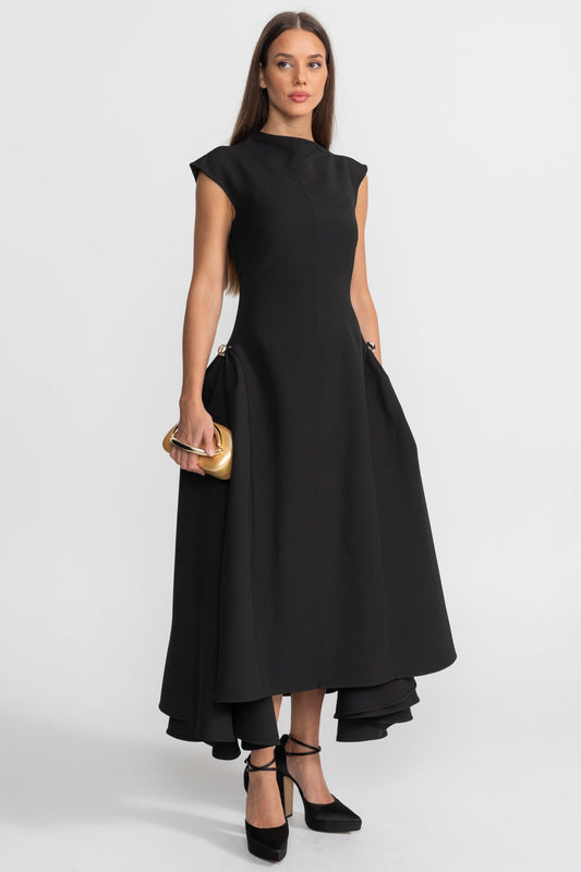 Boat Neck Crepe Midi Dress with High-Low Hem and Metal Rings – Black – view 2