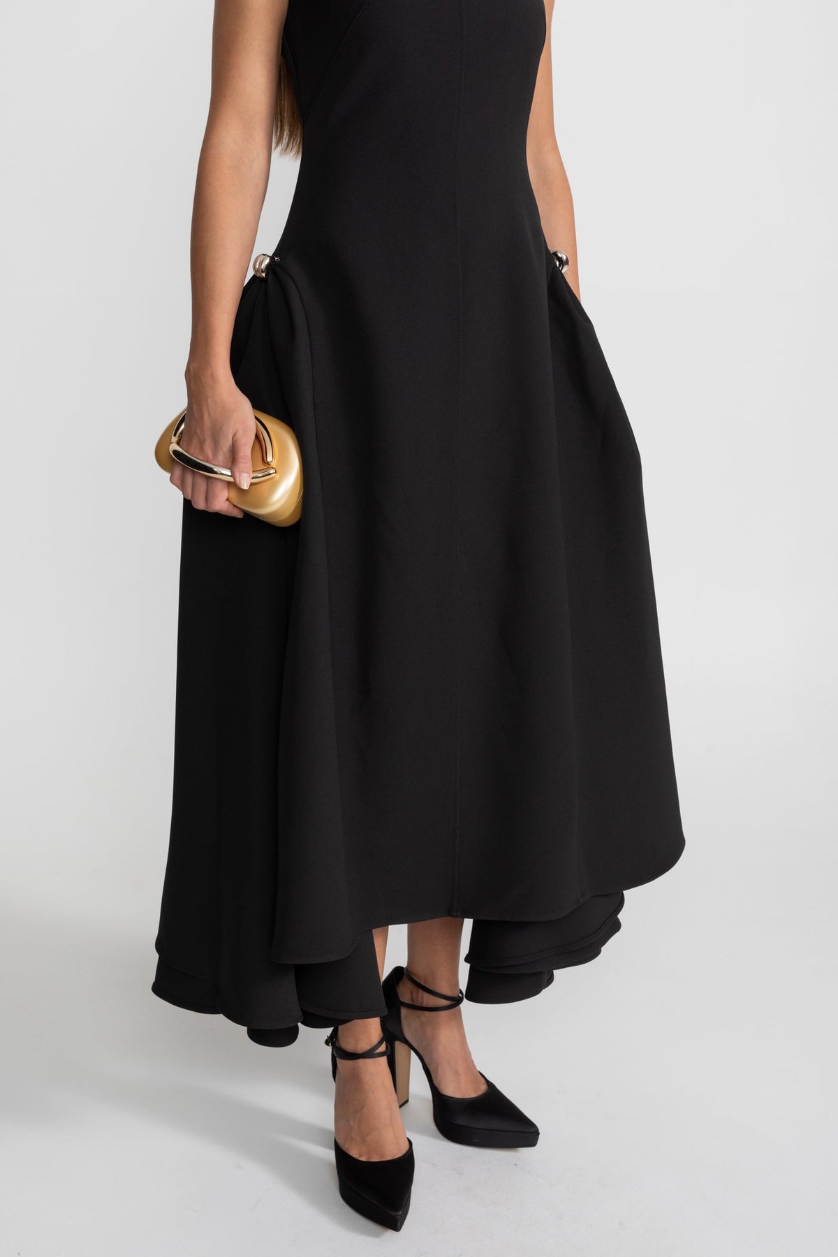 Boat Neck Crepe Midi Dress with High-Low Hem and Metal Rings – Black – view 8