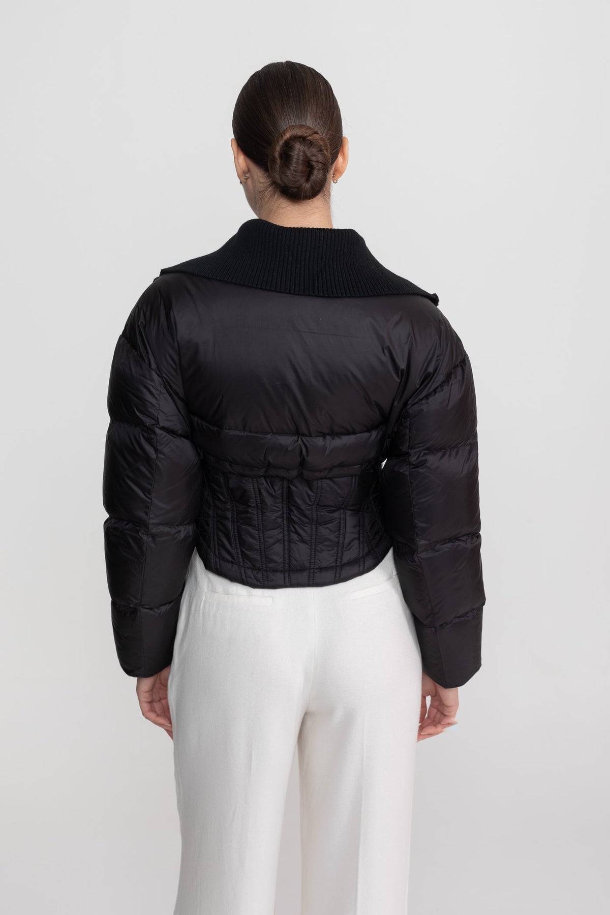 Cropped Puffer Jacket with Corset Waist and Stand Collar – Black – view 5