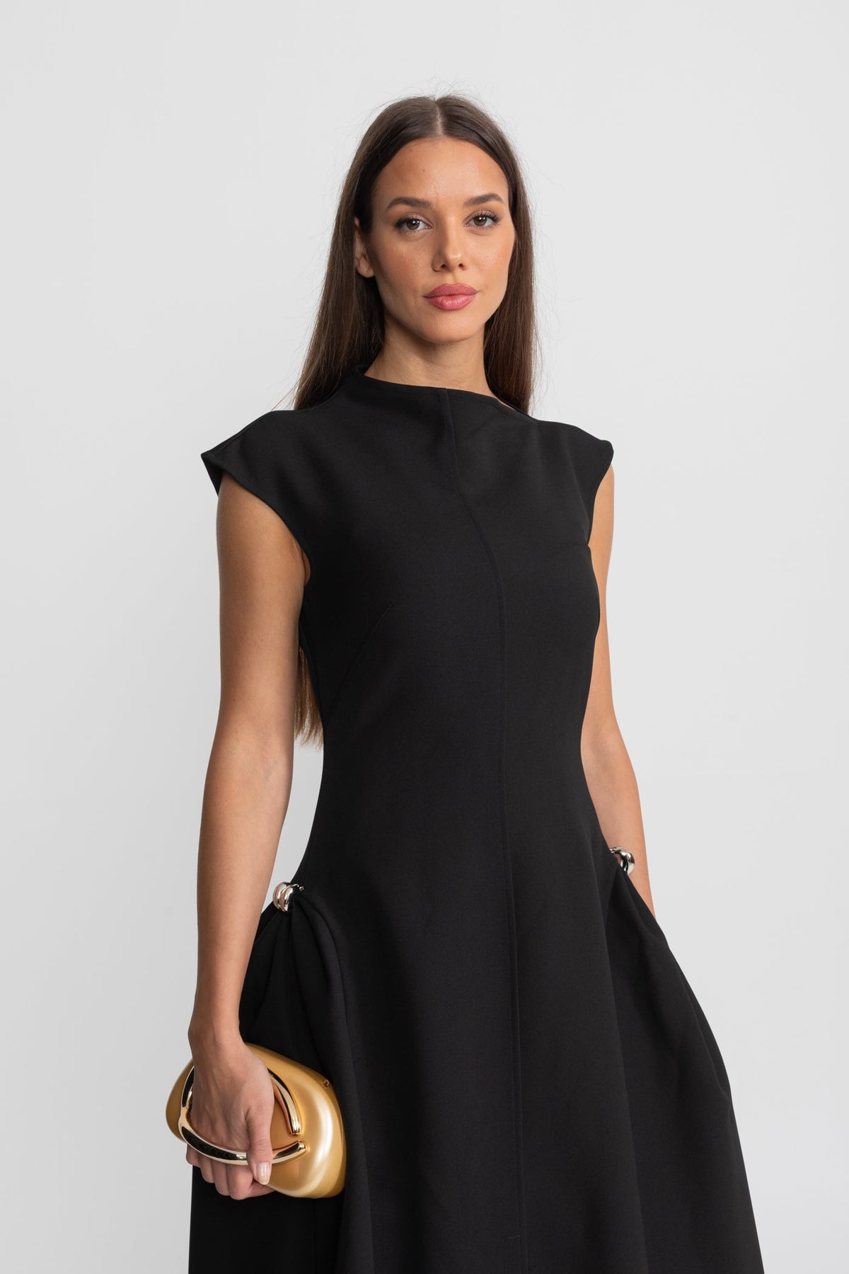 Boat Neck Crepe Midi Dress with High-Low Hem and Metal Rings – Black – view 5