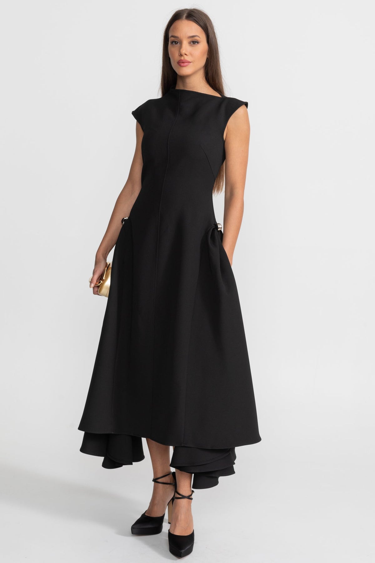 Boat Neck Crepe Midi Dress with High-Low Hem and Metal Rings – Black – view 3