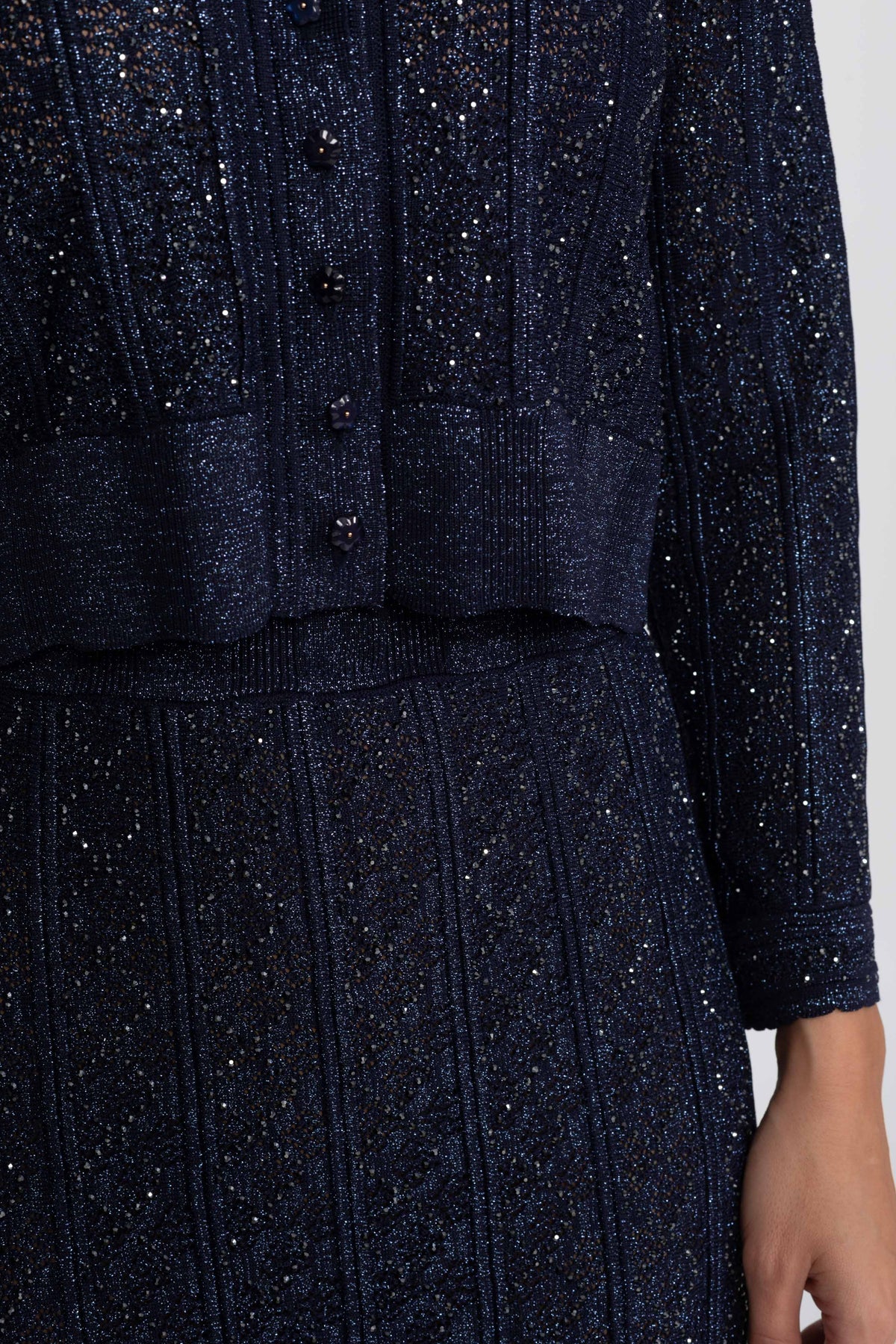 Diamond Pattern Lace Cropped Top and Maxi Skirt Co-ord Set – Navy – view 9