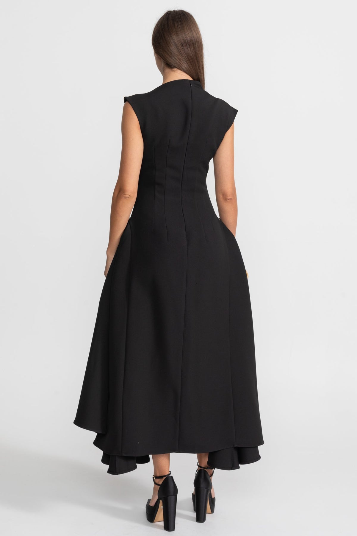 Boat Neck Crepe Midi Dress with High-Low Hem and Metal Rings – Black – view 9
