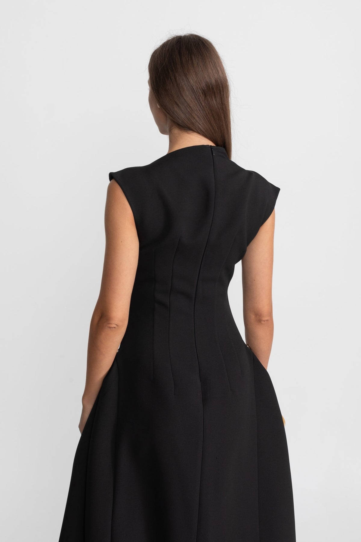 Boat Neck Crepe Midi Dress with High-Low Hem and Metal Rings – Black – view 10