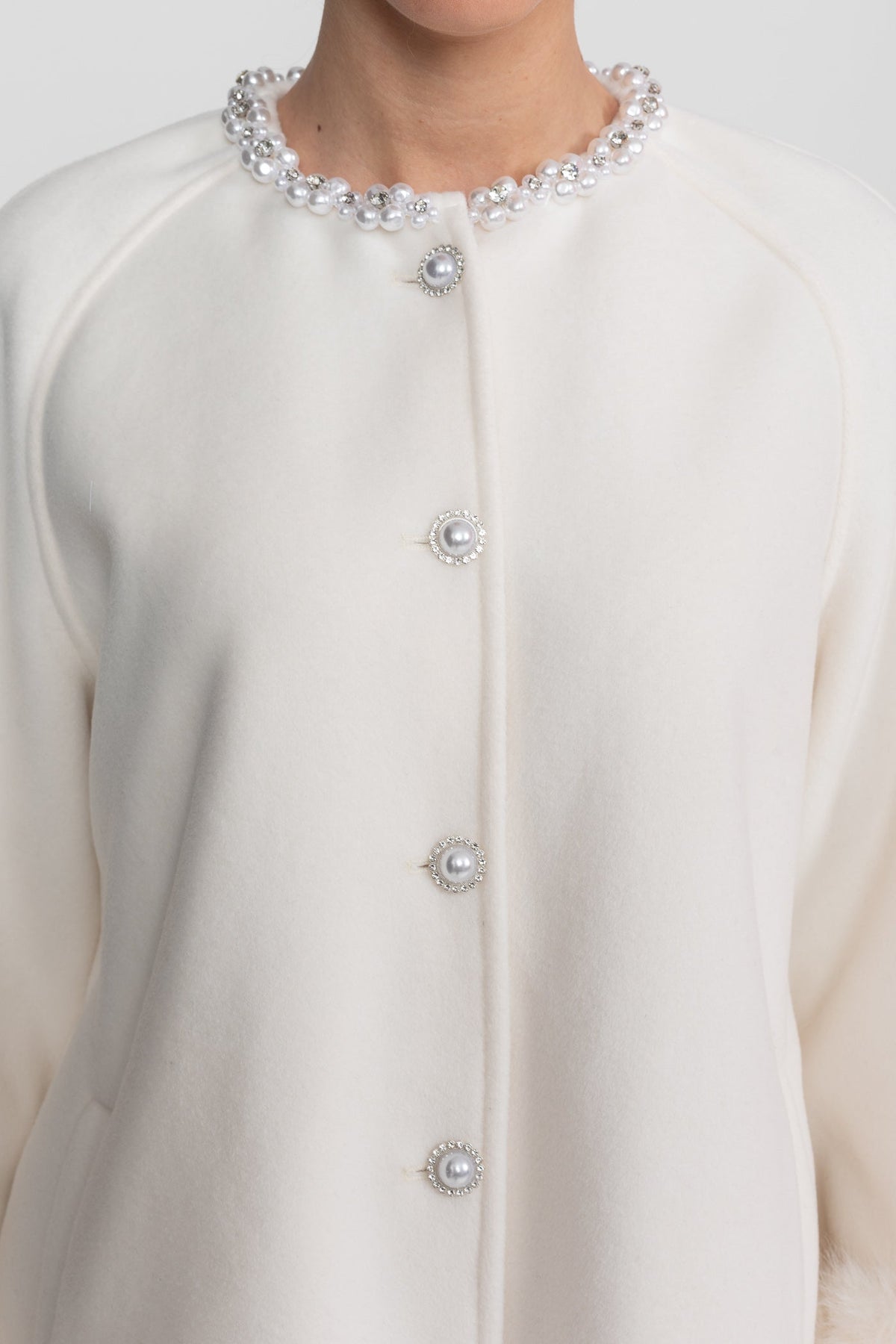 Longline Coat with Pearl Embellished Neckline and Faux Fur Cuffs – White