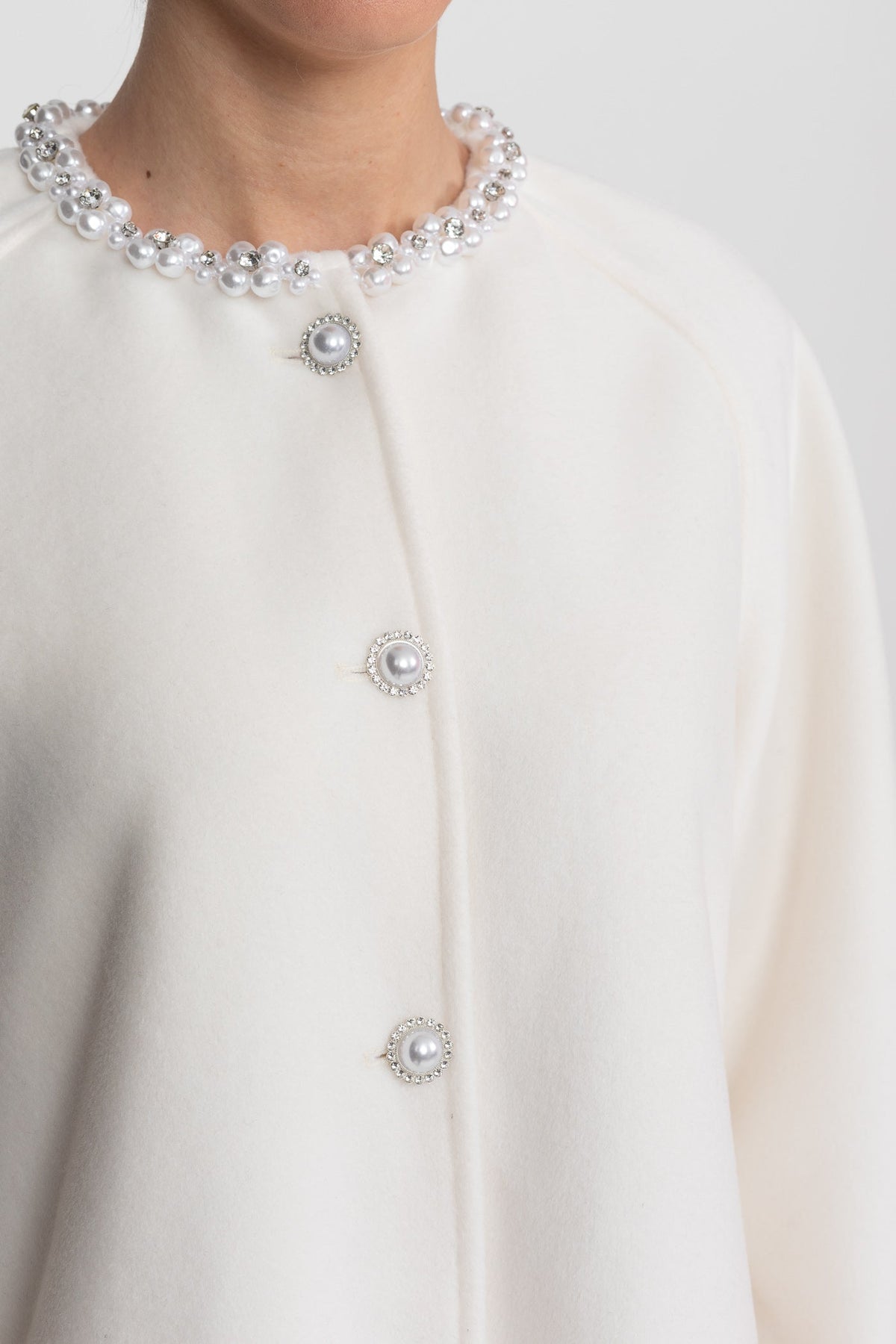 Longline Coat with Pearl Embellished Neckline and Faux Fur Cuffs – White – view 8